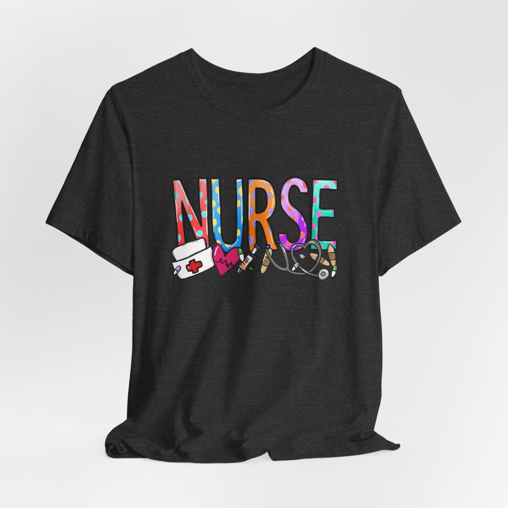 Nurse Floral & Medical Icon Tee - Colorful 'NURSE' Graphic T-Shirt for Healthcare Heroes