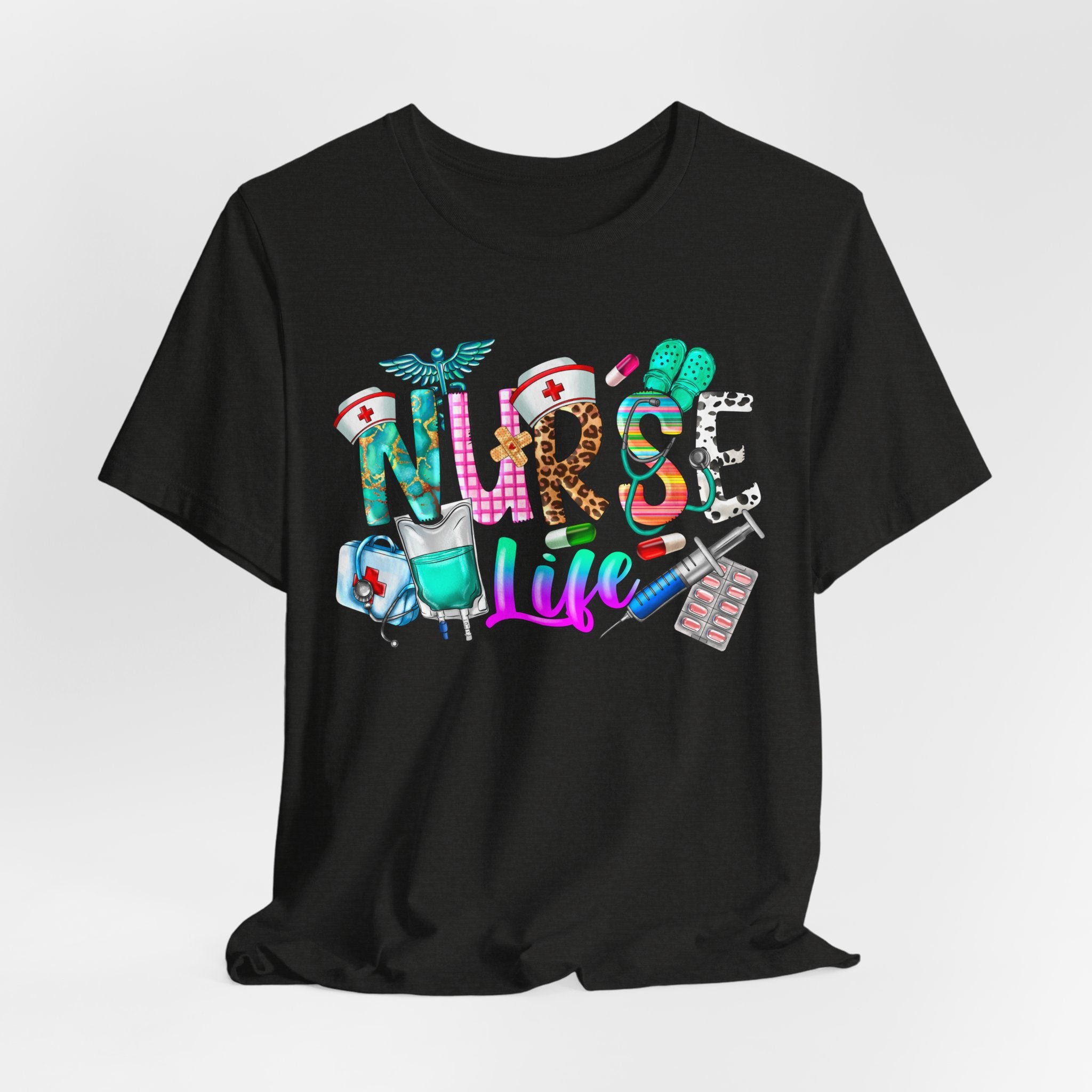 Nurse Life Graphic Tee — Colorful Medical Icons T-Shirt for Nurses