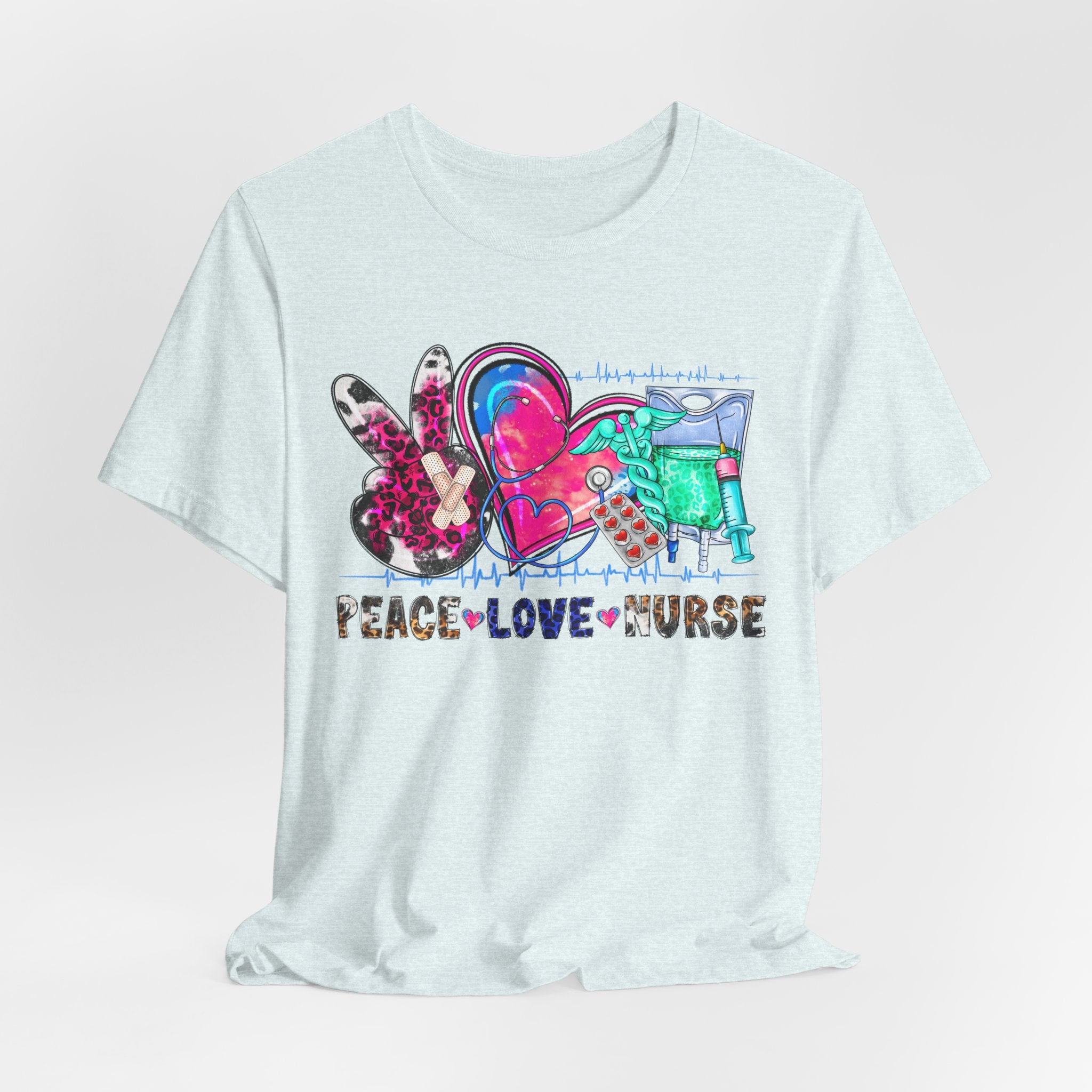 Peace Love Nurse T-Shirt – Colorful Floral Heart & Scrubs Graphic Tee for Nurses