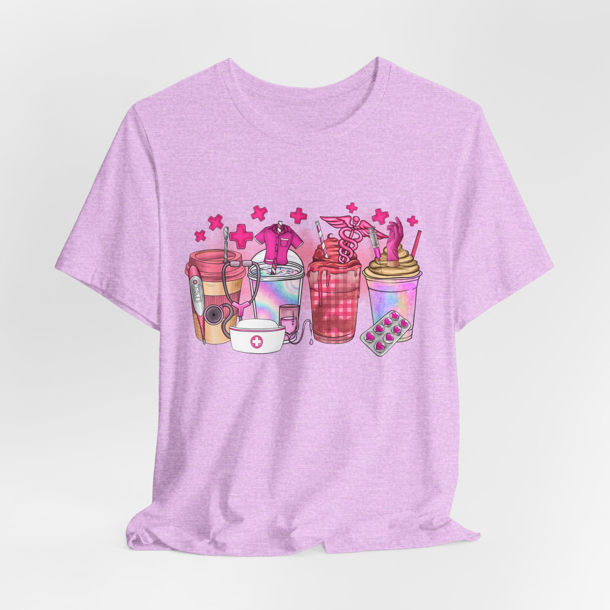 Coffee & Bubble Tea Graphic Tee — Pink Drinks Illustration