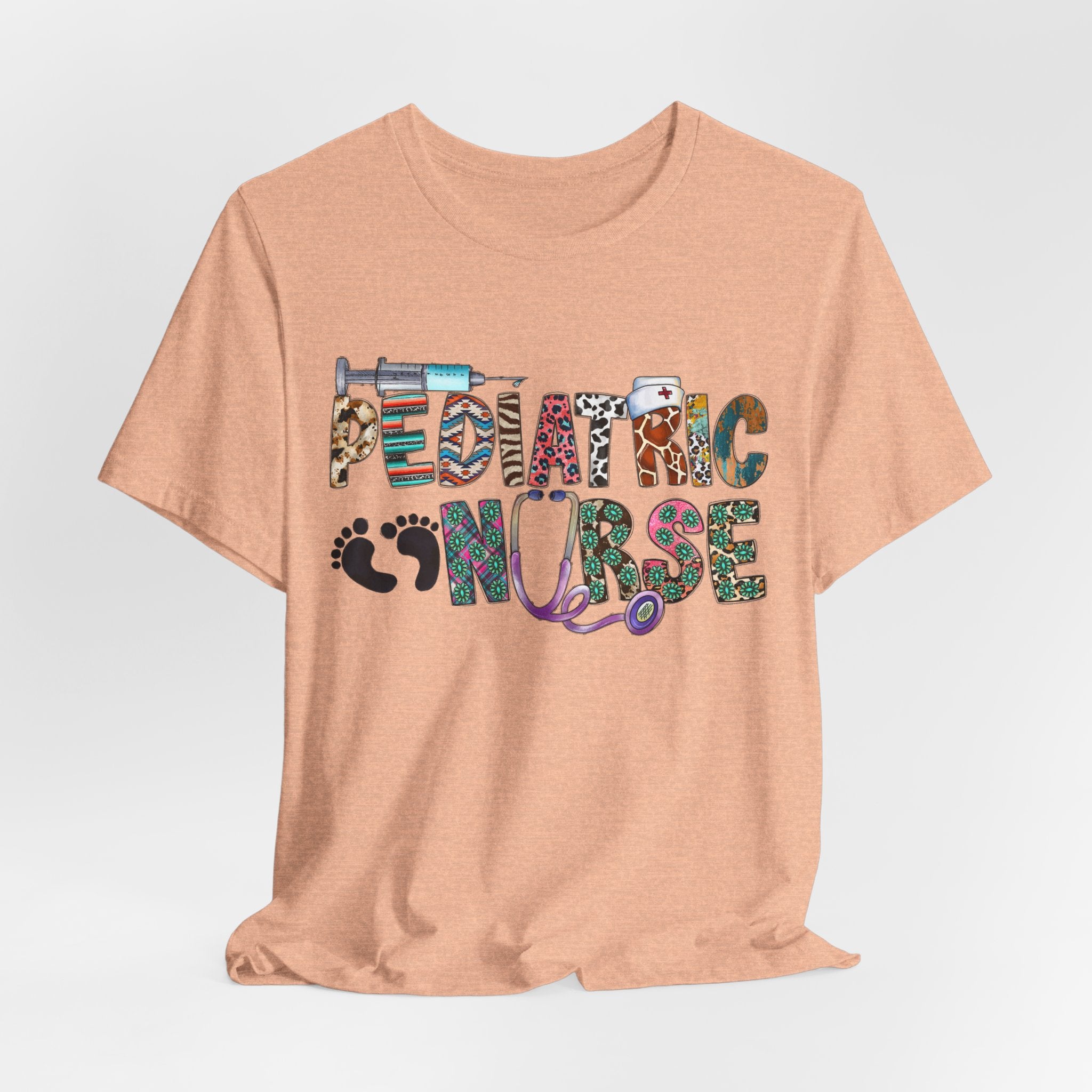 Pediatric Nurse Graphic Tee — Colorful Stethoscope & Baby Prints Design