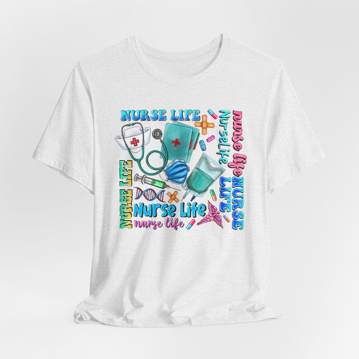 Nurse Life Graphic Tee — Colorful Nursing Icons & 'Nurse Life' Text