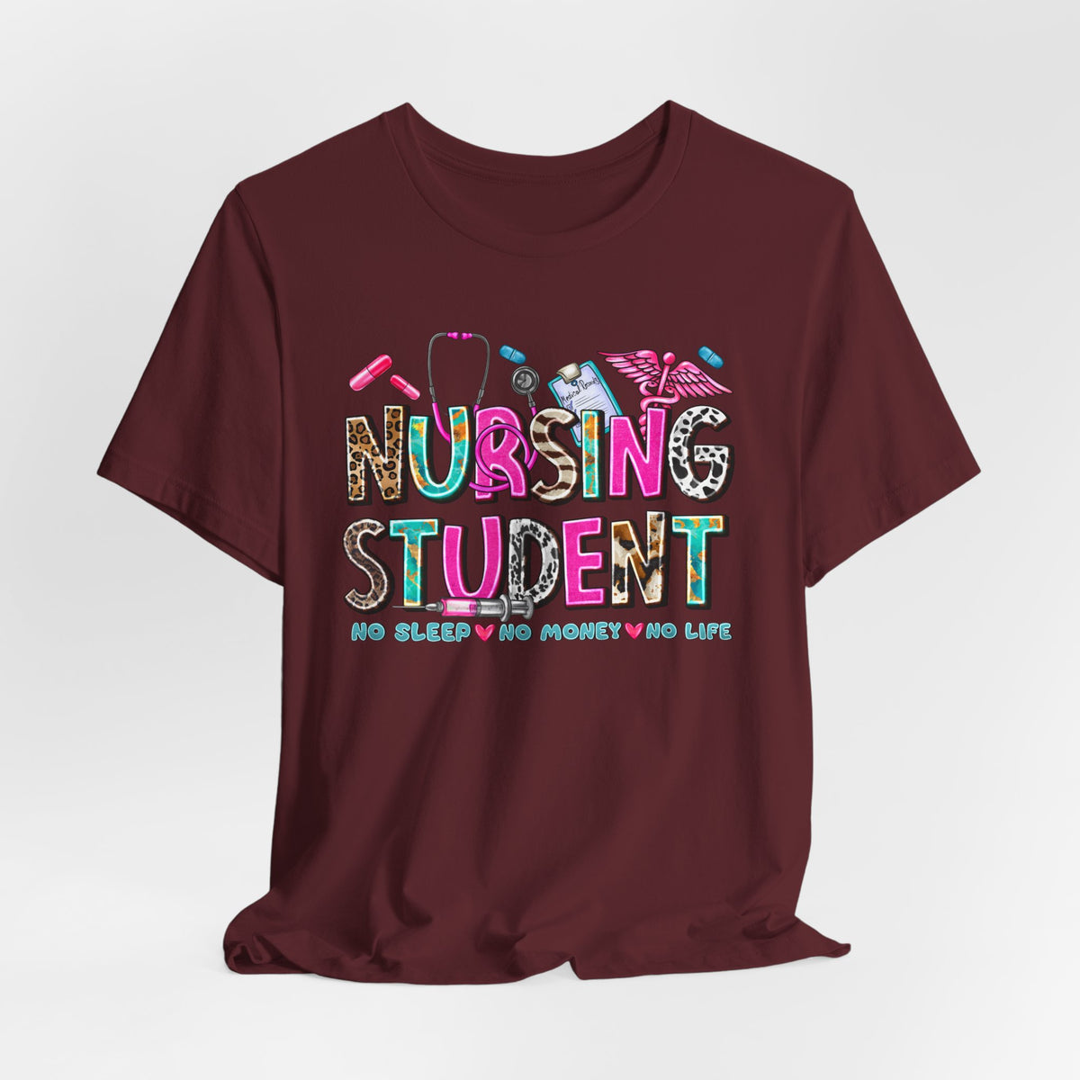 Nursing Student Graphic Tee – Colorful Stethoscope & Scrub Icons