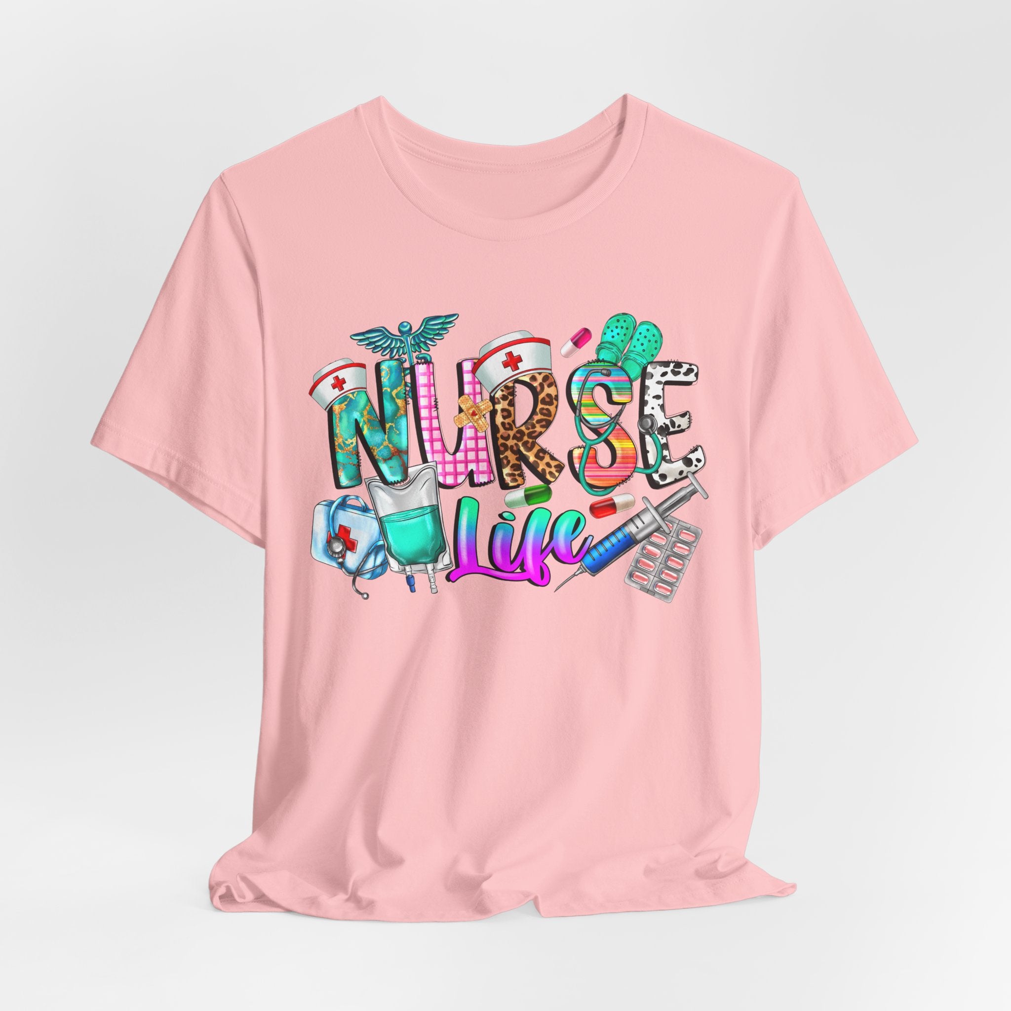 Nurse Life Graphic Tee — Colorful Medical Icons T-Shirt for Nurses