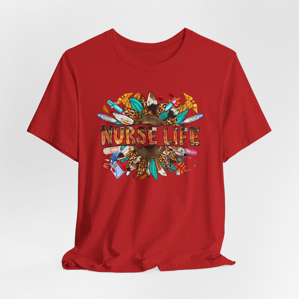 Nurse Life Graphic T-Shirt — Floral Medical Icons Tee for Nurses