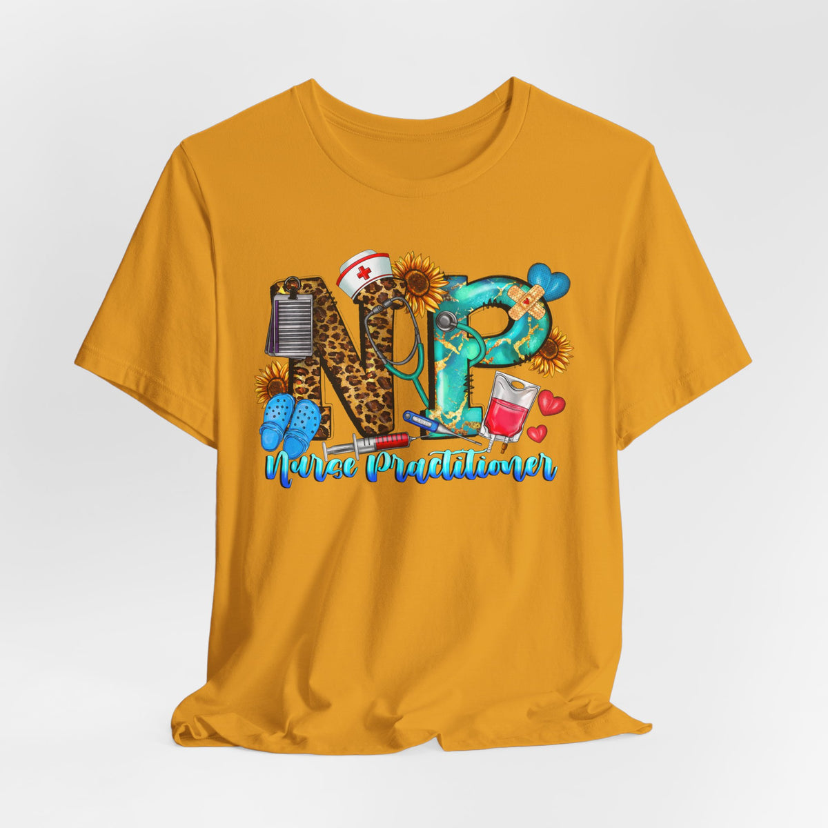 NPR Nurse Practitioner Graphic Tee — Floral, Stethoscope & Leopard Print Design