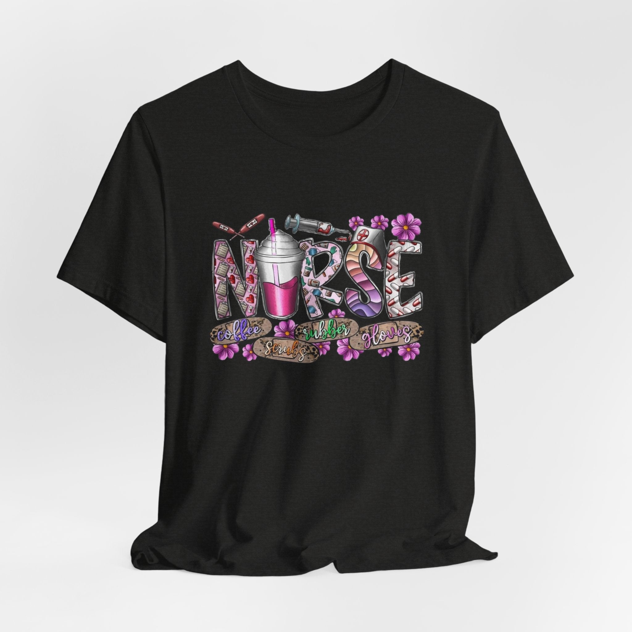 Nurse Floral Stethoscope Tee – Cute Nursing Scrub Shirt with Coffee & Flowers
