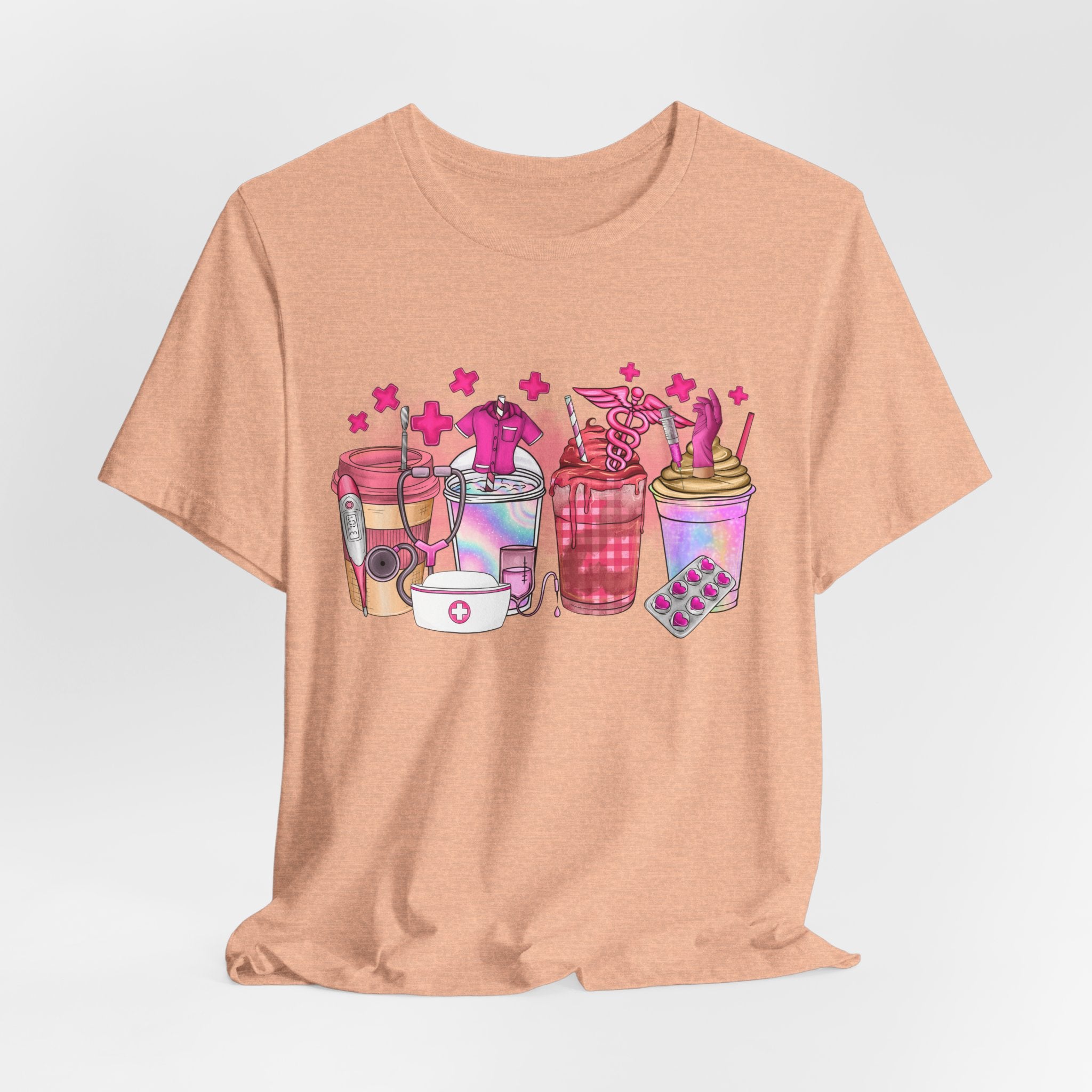 Coffee & Bubble Tea Graphic Tee — Pink Drinks Illustration