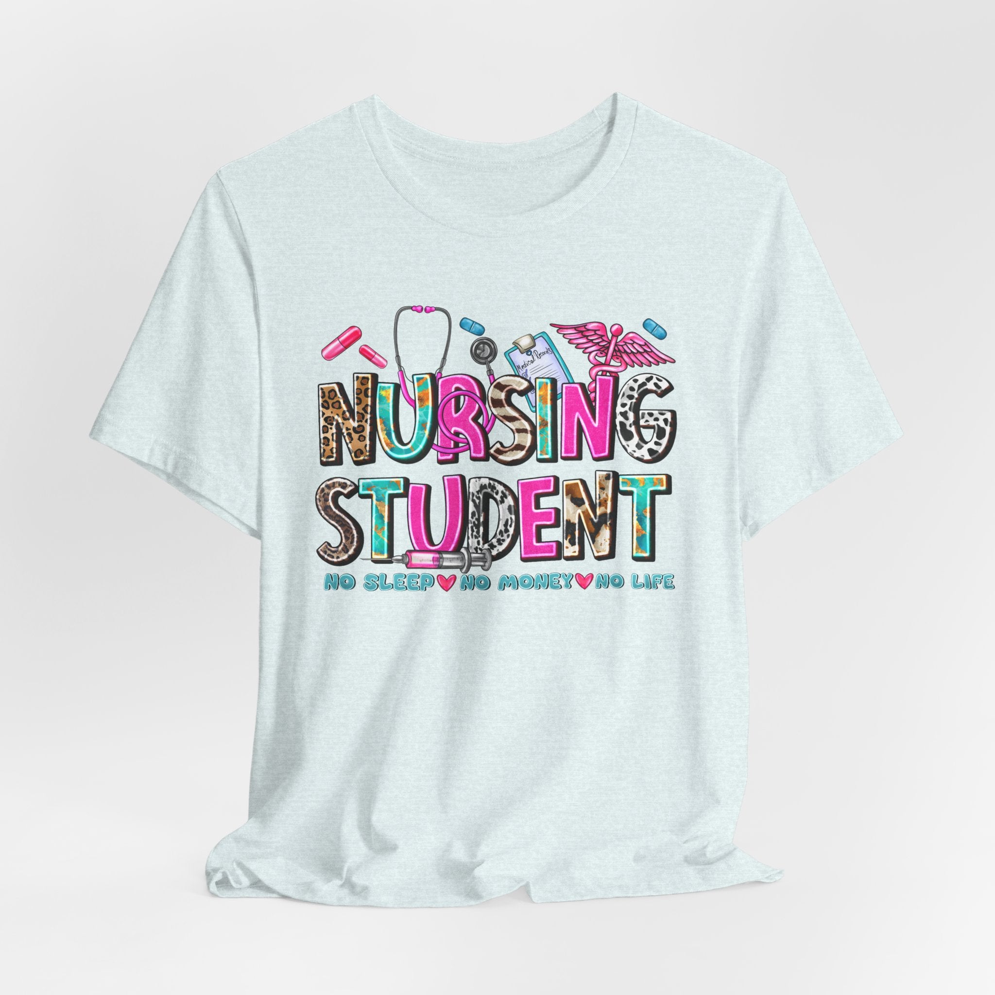 Nursing Student Graphic Tee – Colorful Stethoscope & Scrub Icons