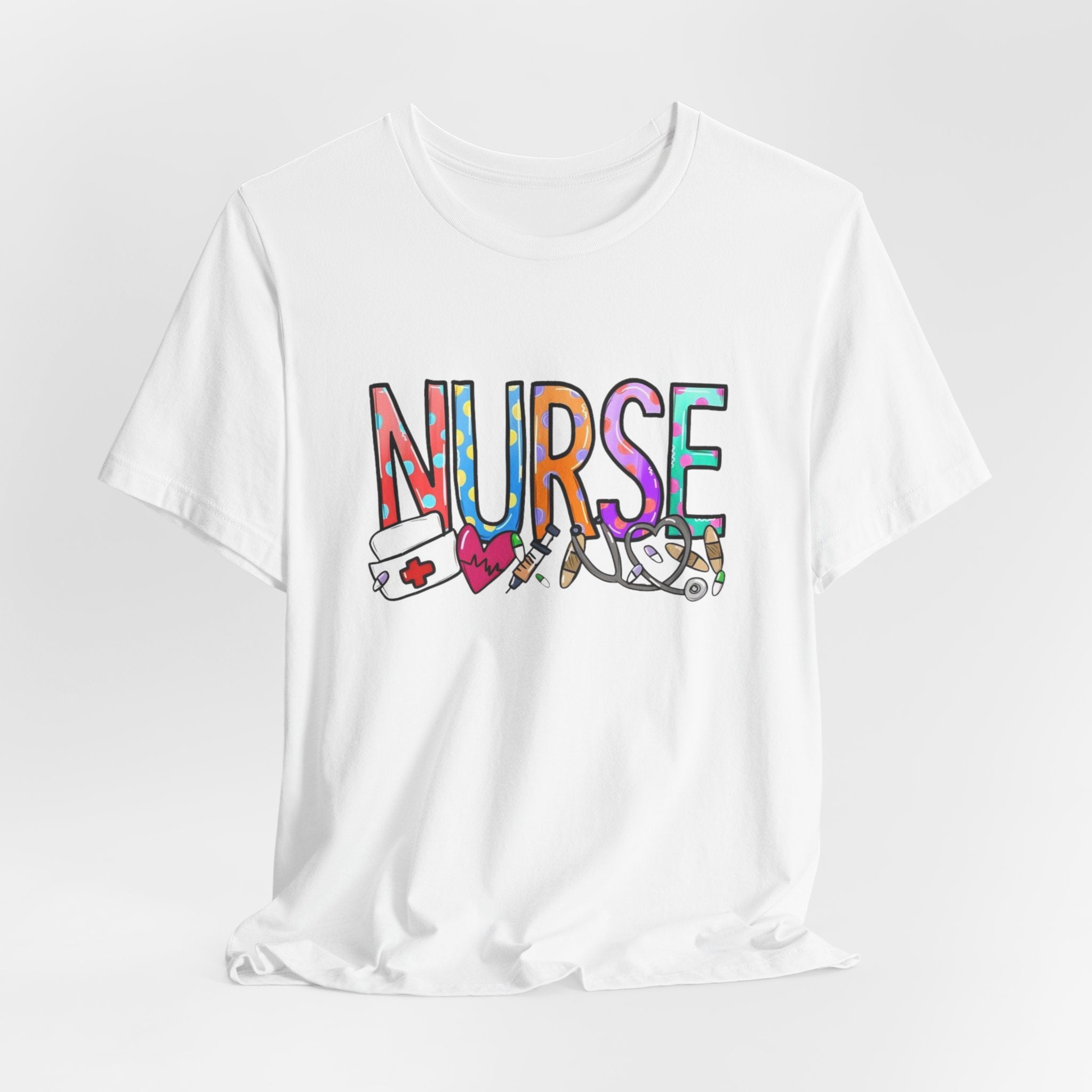 Nurse Floral & Medical Icon Tee - Colorful 'NURSE' Graphic T-Shirt for Healthcare Heroes