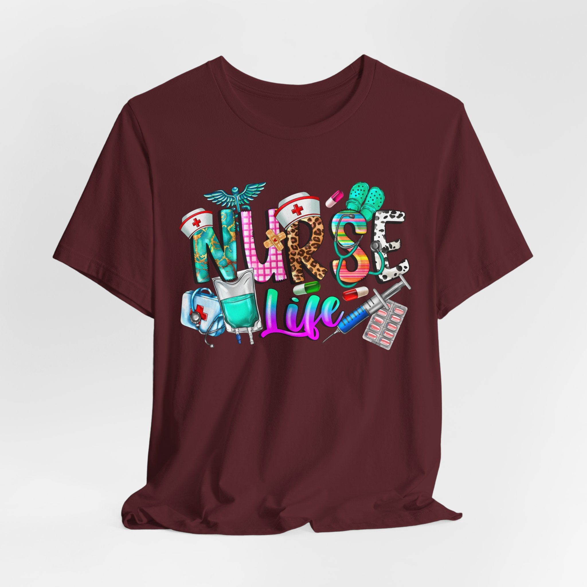 Nurse Life Graphic Tee — Colorful Medical Icons T-Shirt for Nurses