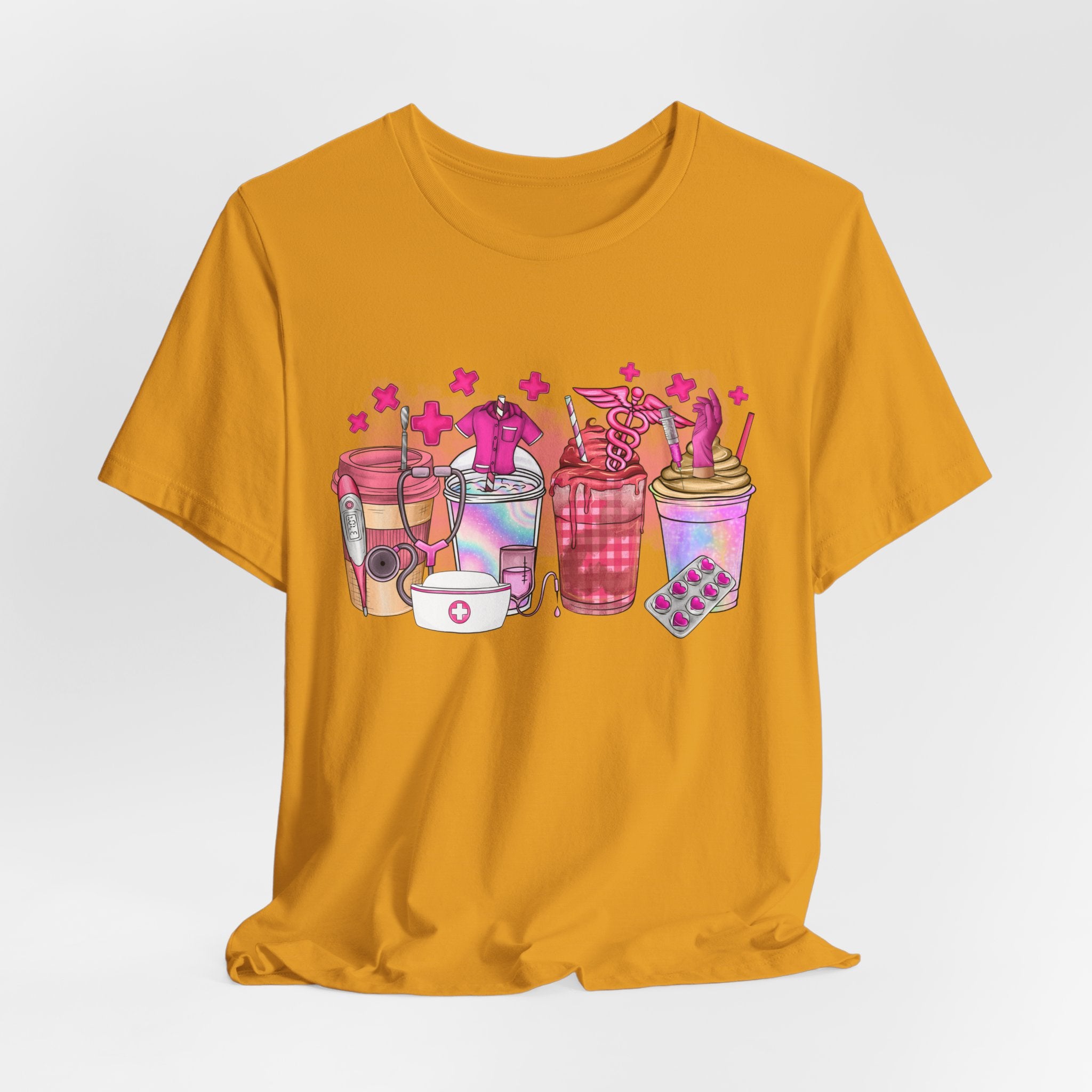 Coffee & Bubble Tea Graphic Tee — Pink Drinks Illustration