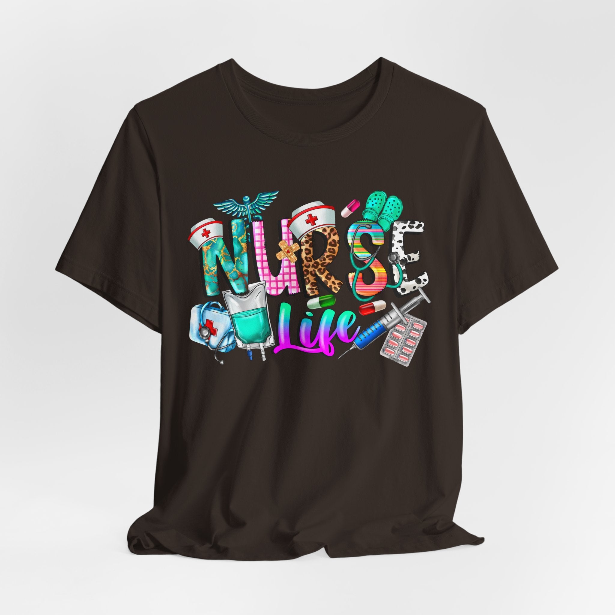 Nurse Life Graphic Tee — Colorful Medical Icons T-Shirt for Nurses