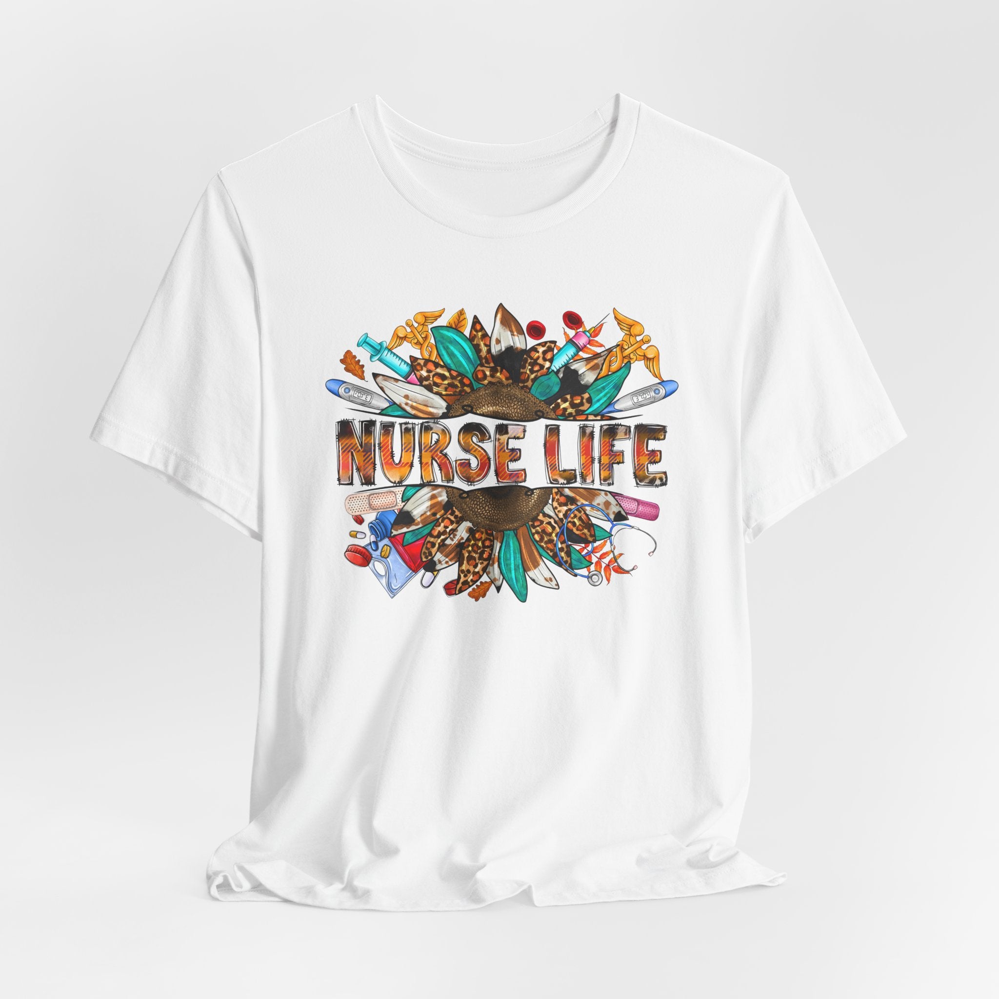 Nurse Life Graphic T-Shirt — Floral Medical Icons Tee for Nurses