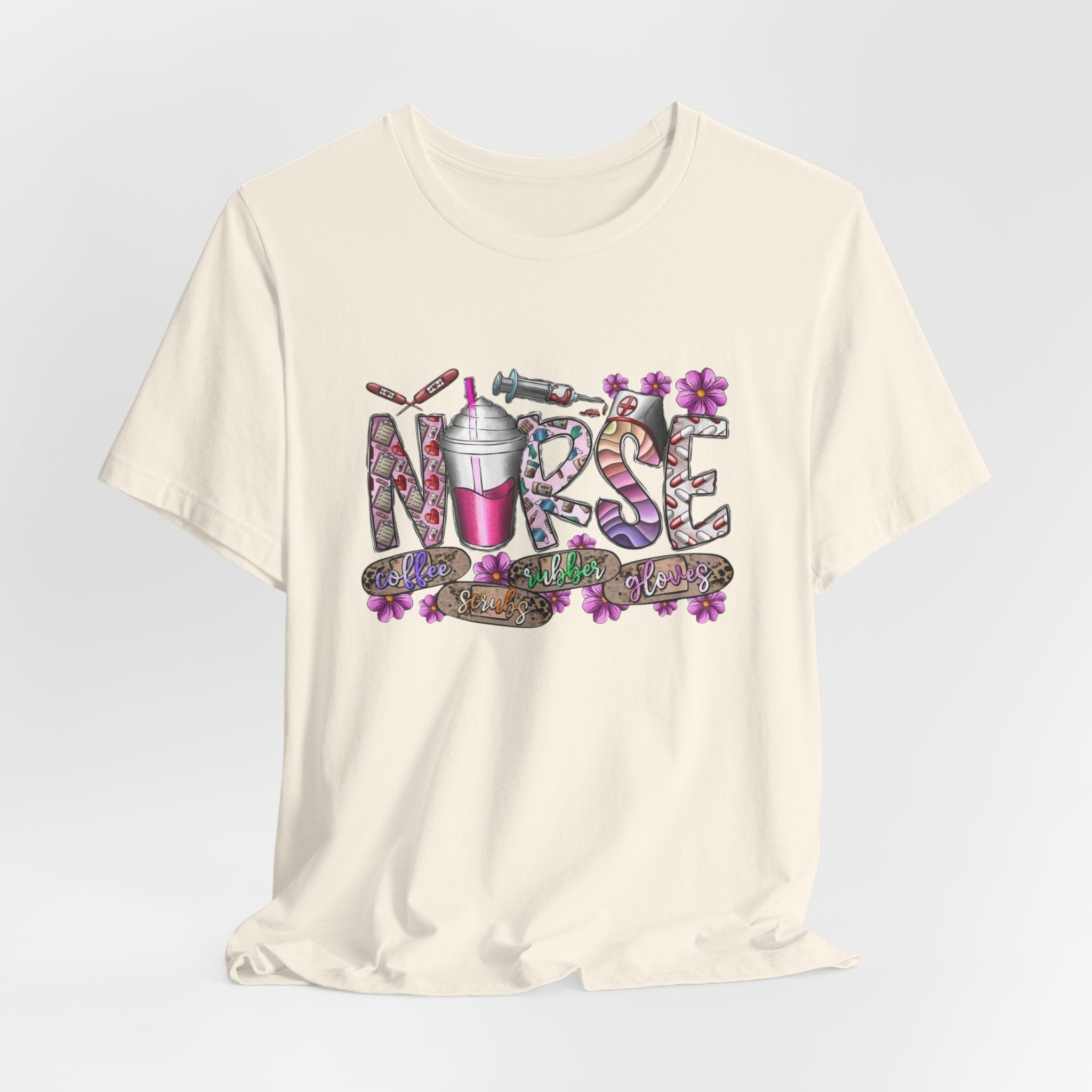 Nurse Floral Stethoscope Tee – Cute Nursing Scrub Shirt with Coffee & Flowers