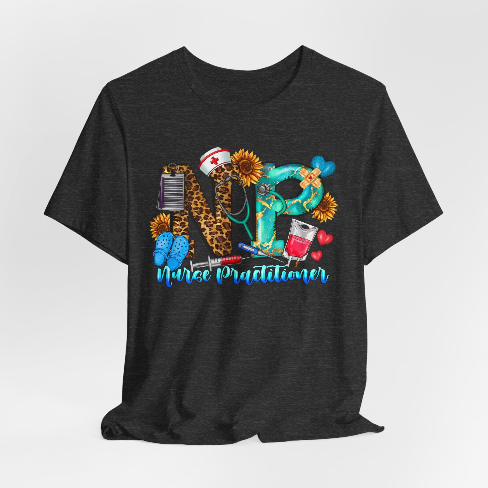 NPR Nurse Practitioner Graphic Tee — Floral, Stethoscope & Leopard Print Design