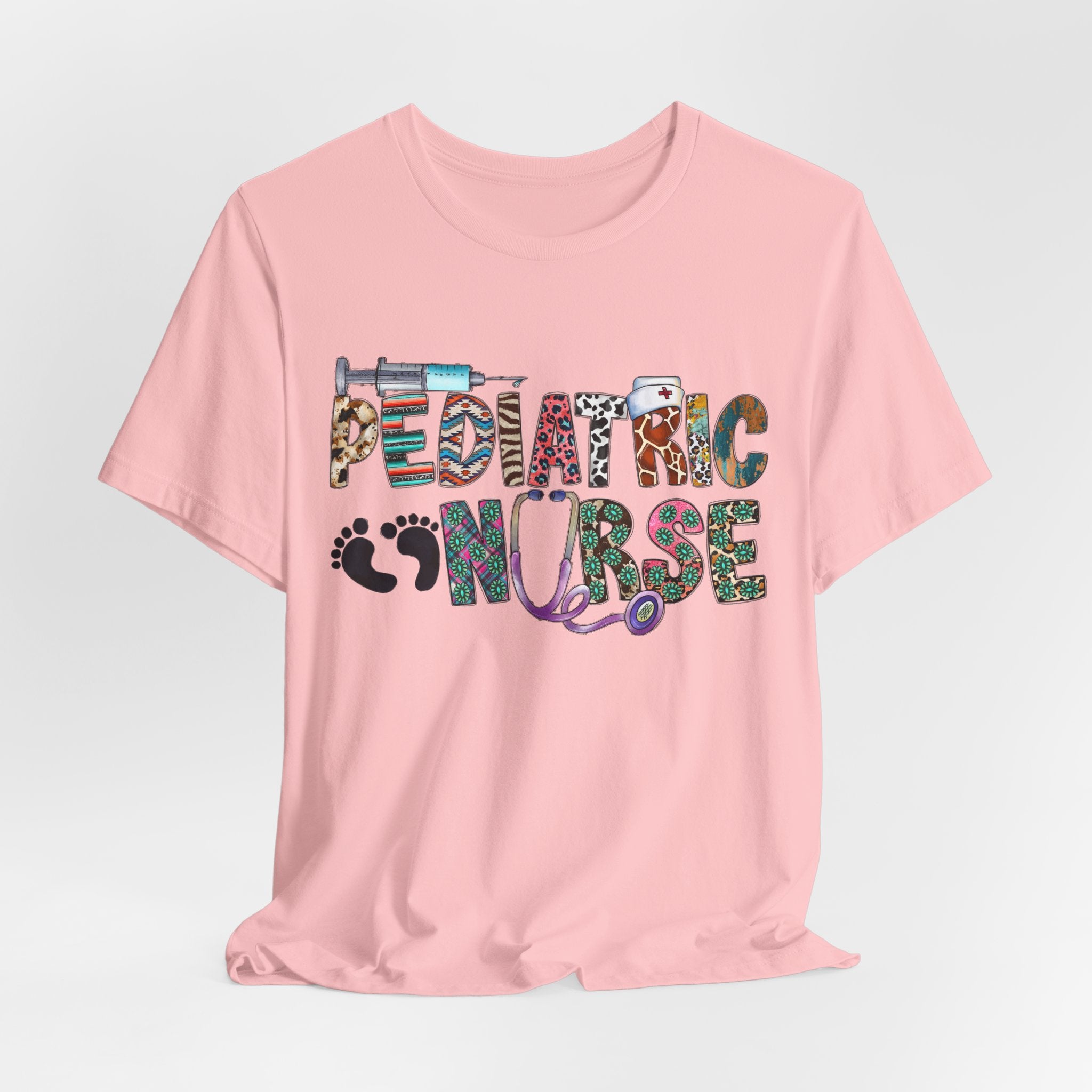 Pediatric Nurse Graphic Tee — Colorful Stethoscope & Baby Prints Design