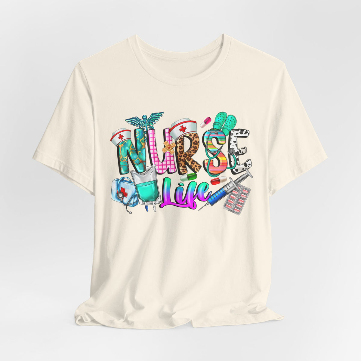 Nurse Life Graphic Tee — Colorful Medical Icons T-Shirt for Nurses