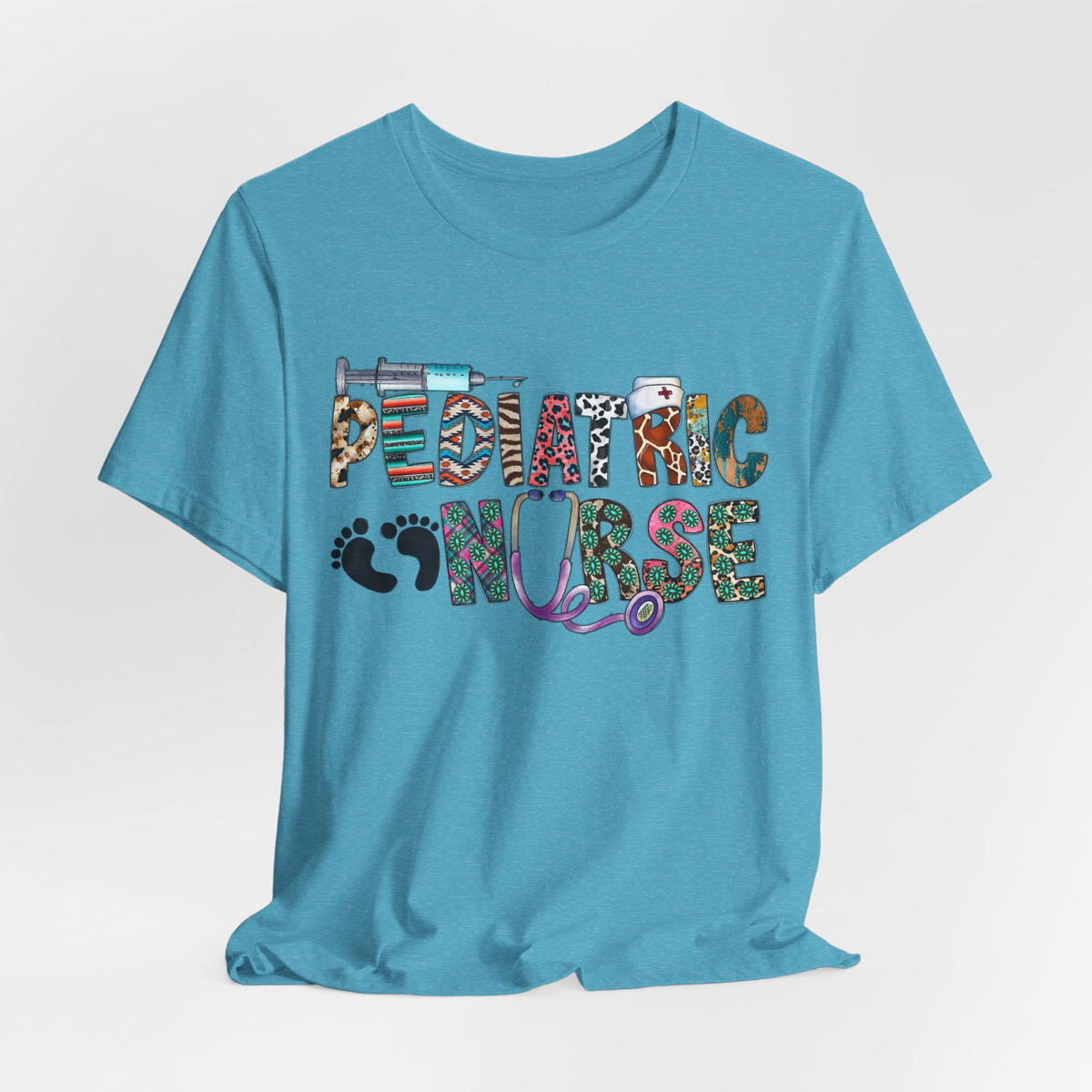 Pediatric Nurse Graphic Tee — Colorful Stethoscope & Baby Prints Design
