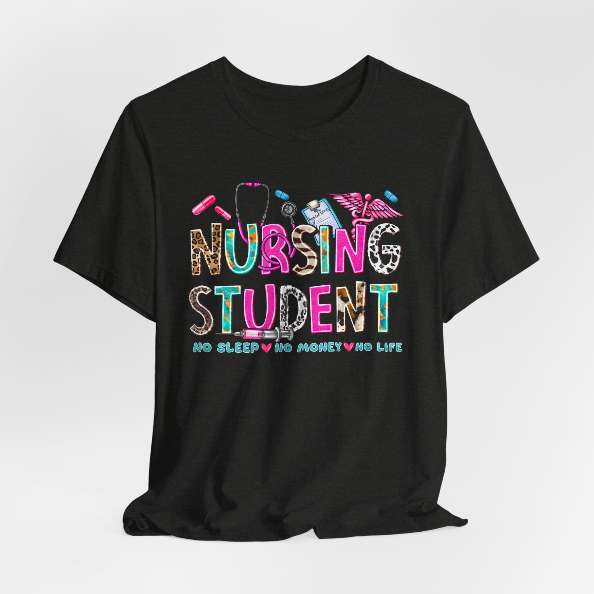 Nursing Student Graphic Tee – Colorful Stethoscope & Scrub Icons