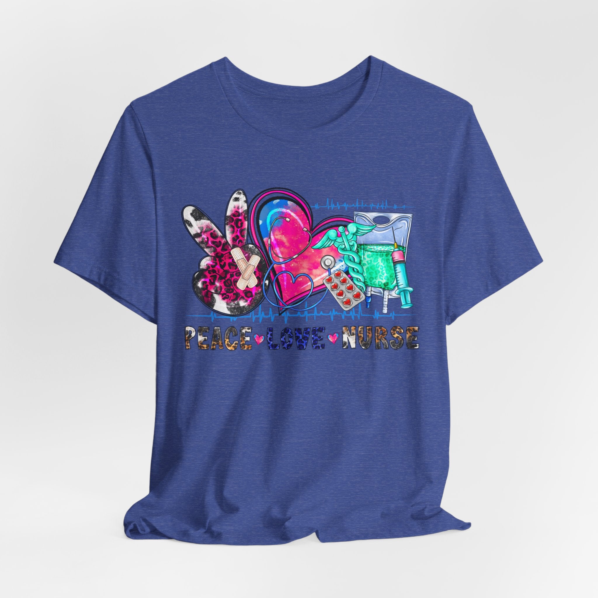Peace Love Nurse T-Shirt – Colorful Floral Heart & Scrubs Graphic Tee for Nurses