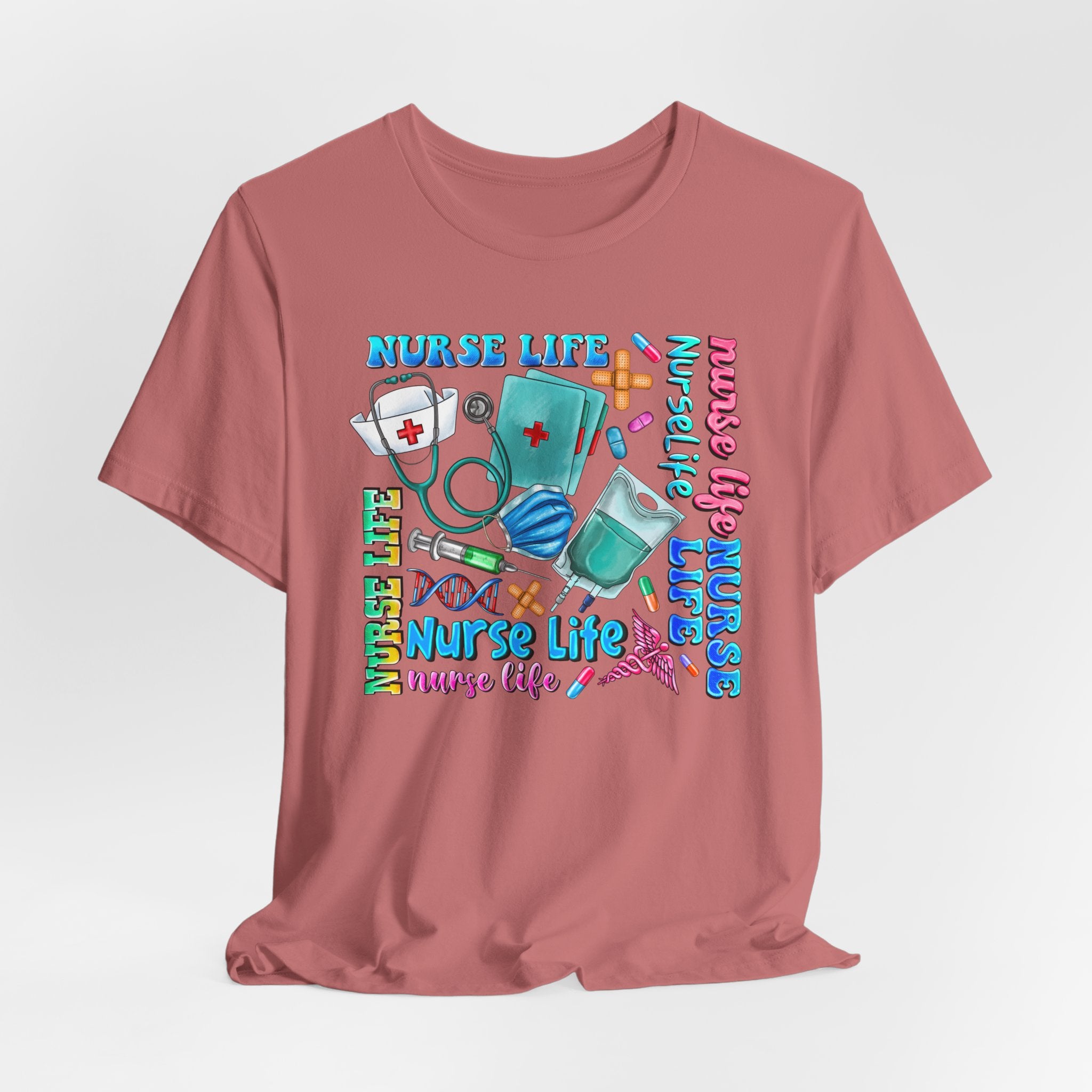 Nurse Life Graphic Tee — Colorful Nursing Icons & 'Nurse Life' Text