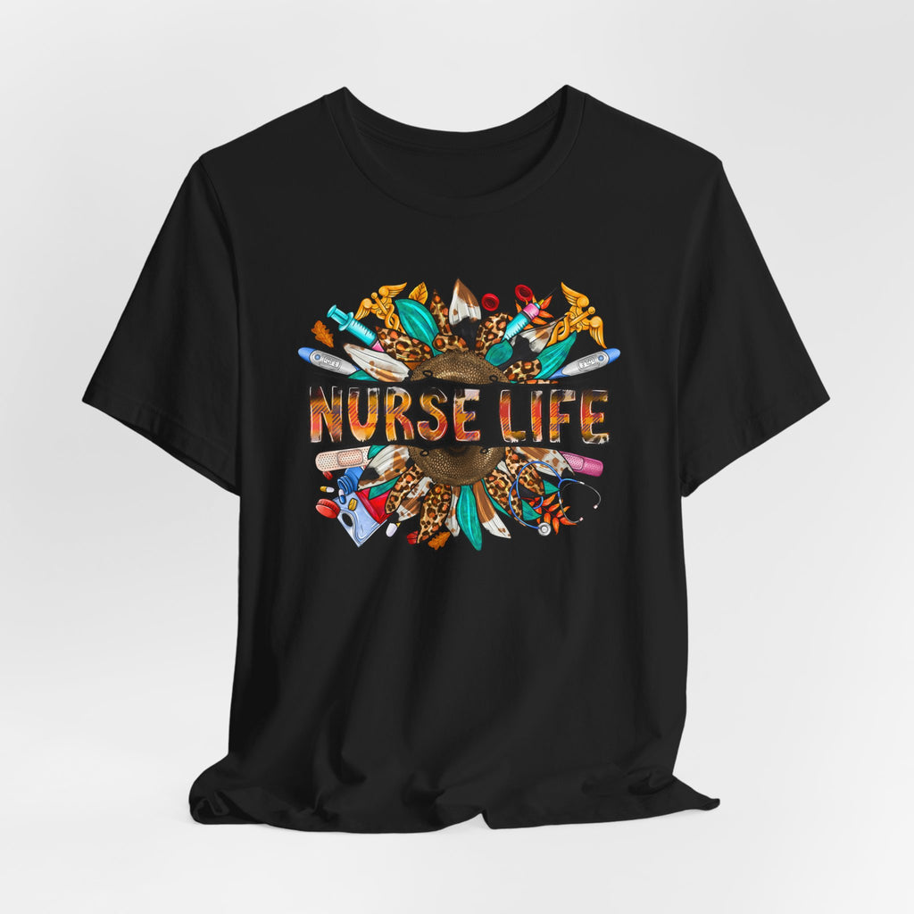 Nurse Life Graphic T-Shirt — Floral Medical Icons Tee for Nurses