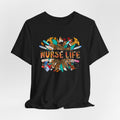 Nurse Life Graphic T-Shirt — Floral Medical Icons Tee for Nurses