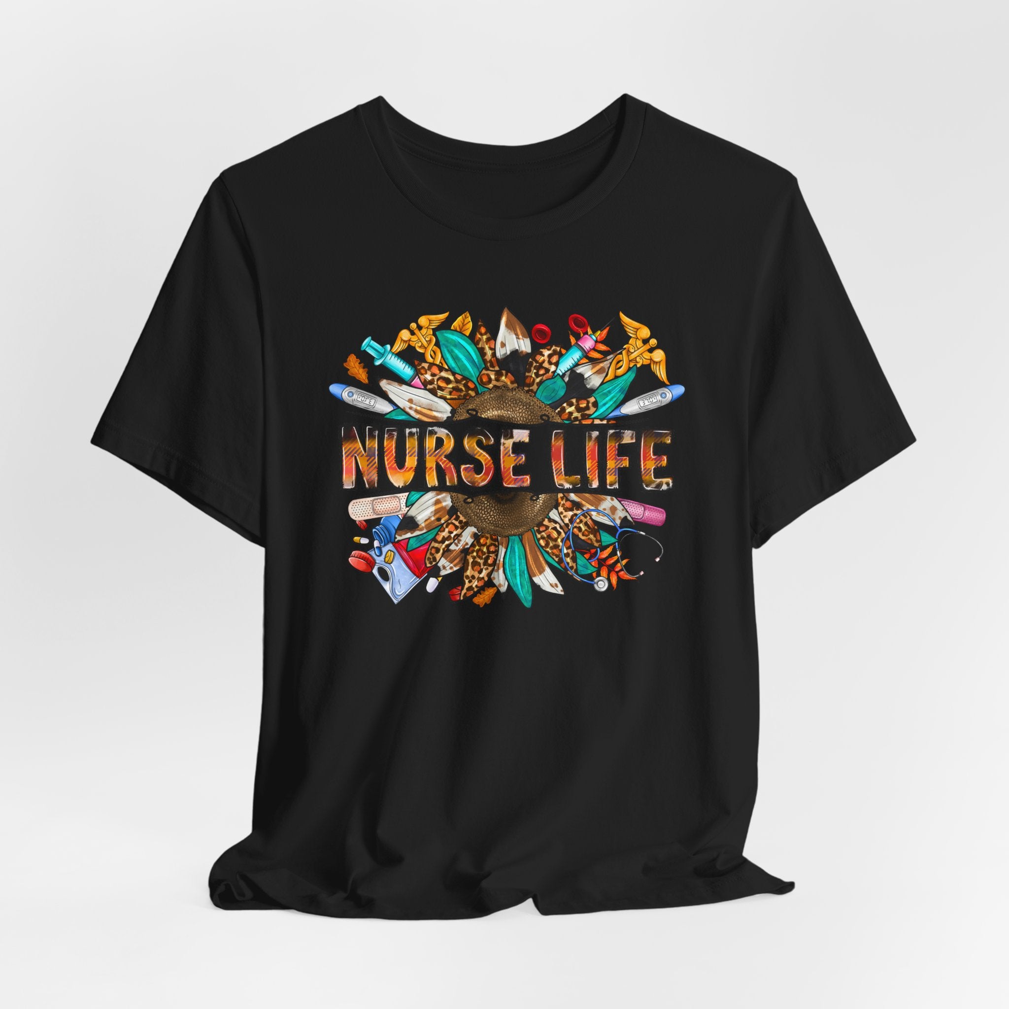 Nurse Life Graphic T-Shirt — Floral Medical Icons Tee for Nurses