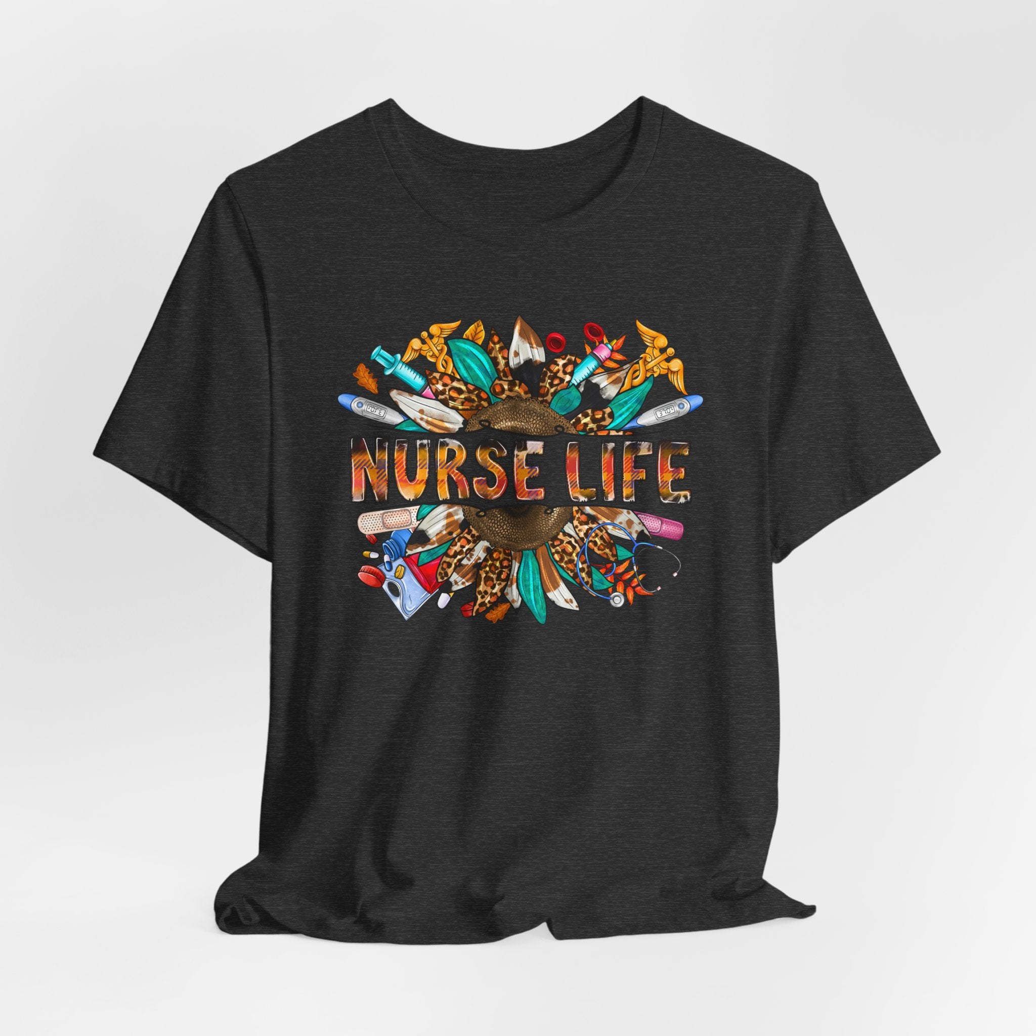 Nurse Life Graphic T-Shirt — Floral Medical Icons Tee for Nurses