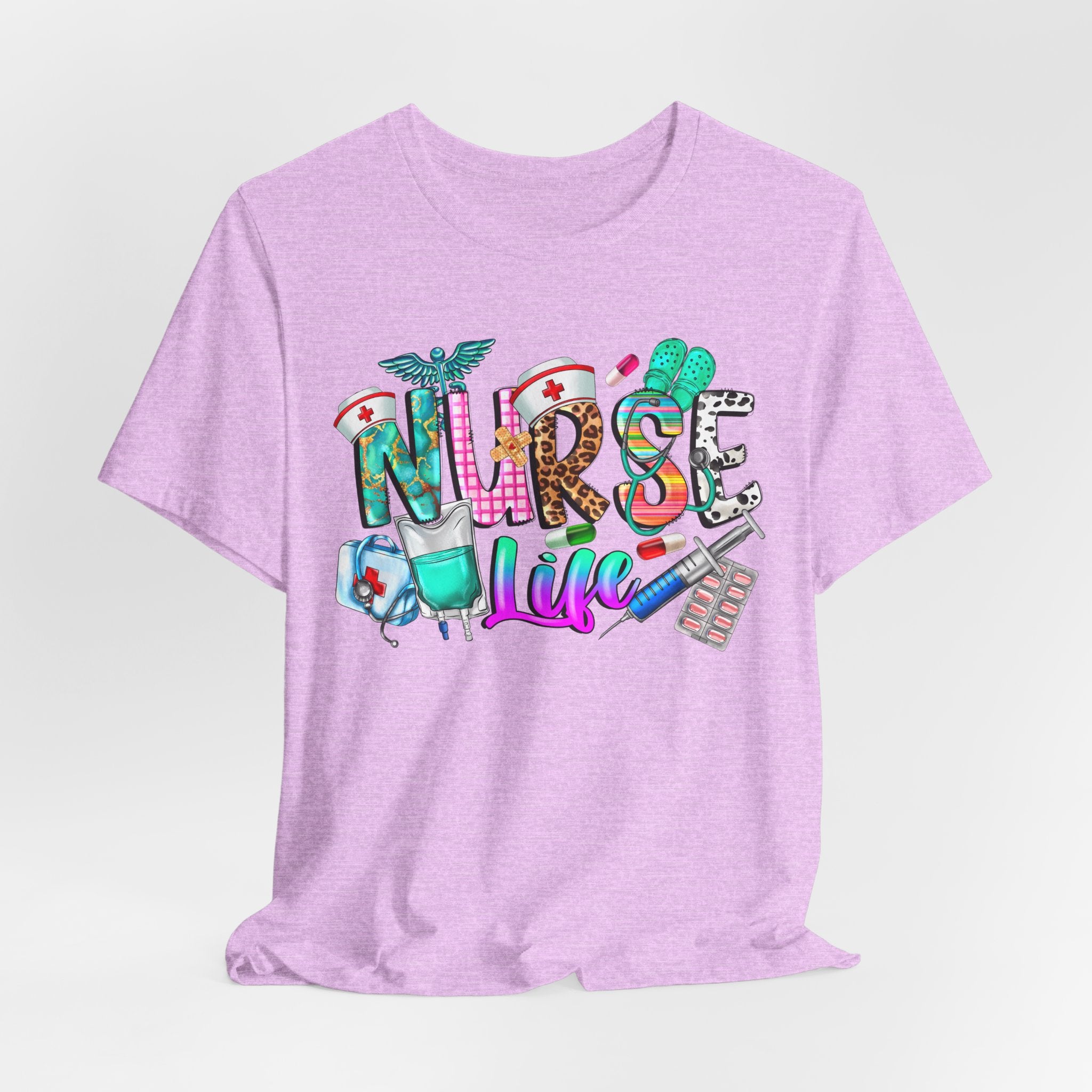 Nurse Life Graphic Tee — Colorful Medical Icons T-Shirt for Nurses