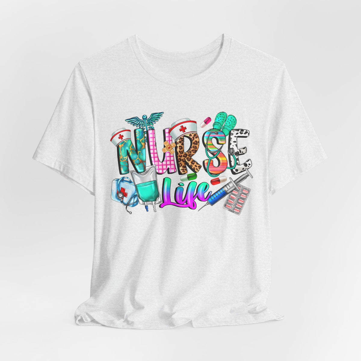 Nurse Life Graphic Tee — Colorful Medical Icons T-Shirt for Nurses