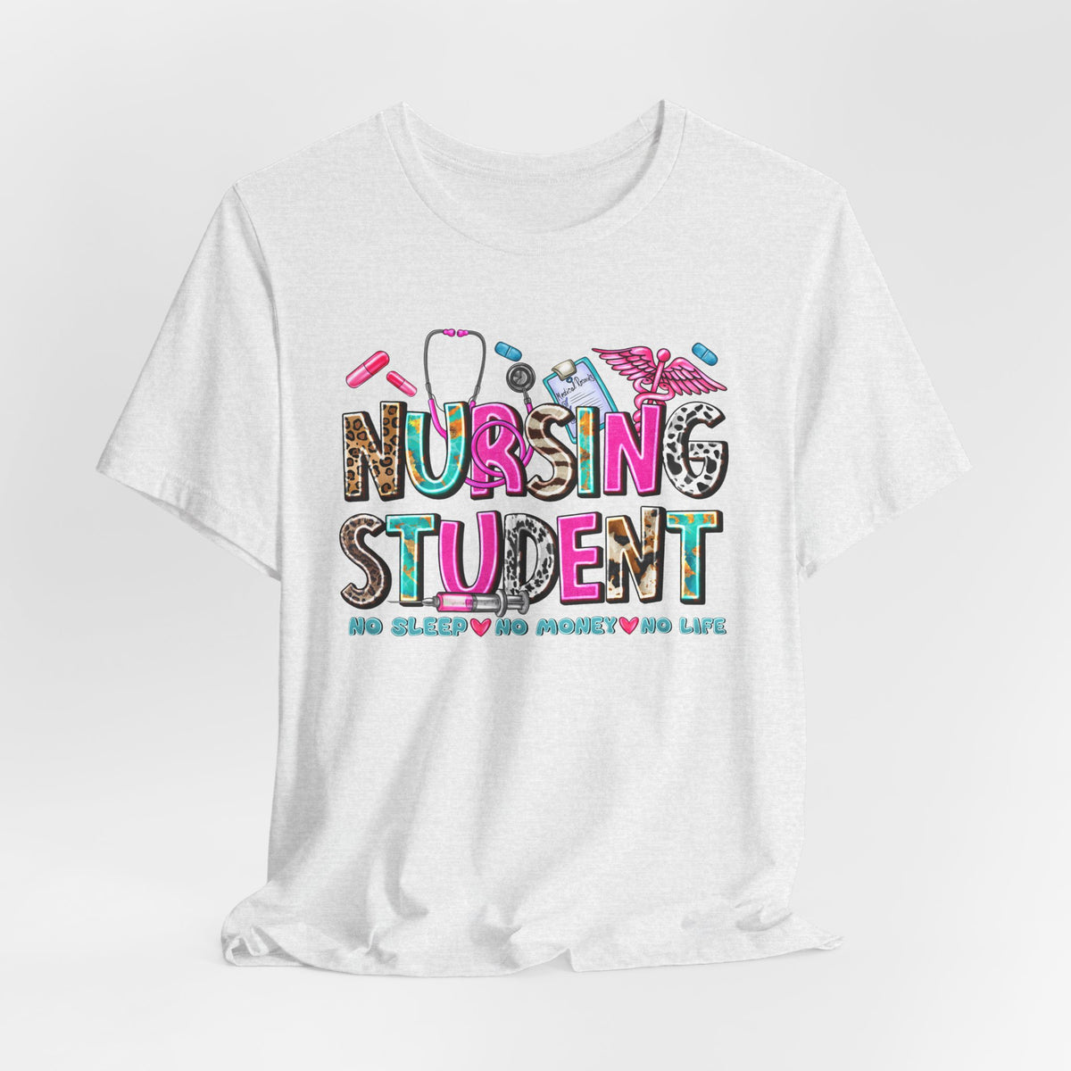 Nursing Student Graphic Tee – Colorful Stethoscope & Scrub Icons
