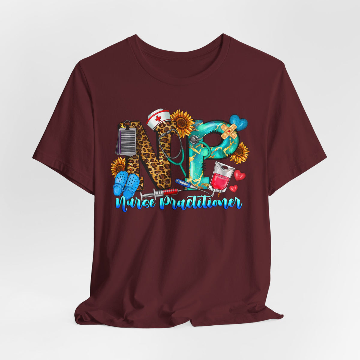NPR Nurse Practitioner Graphic Tee — Floral, Stethoscope & Leopard Print Design
