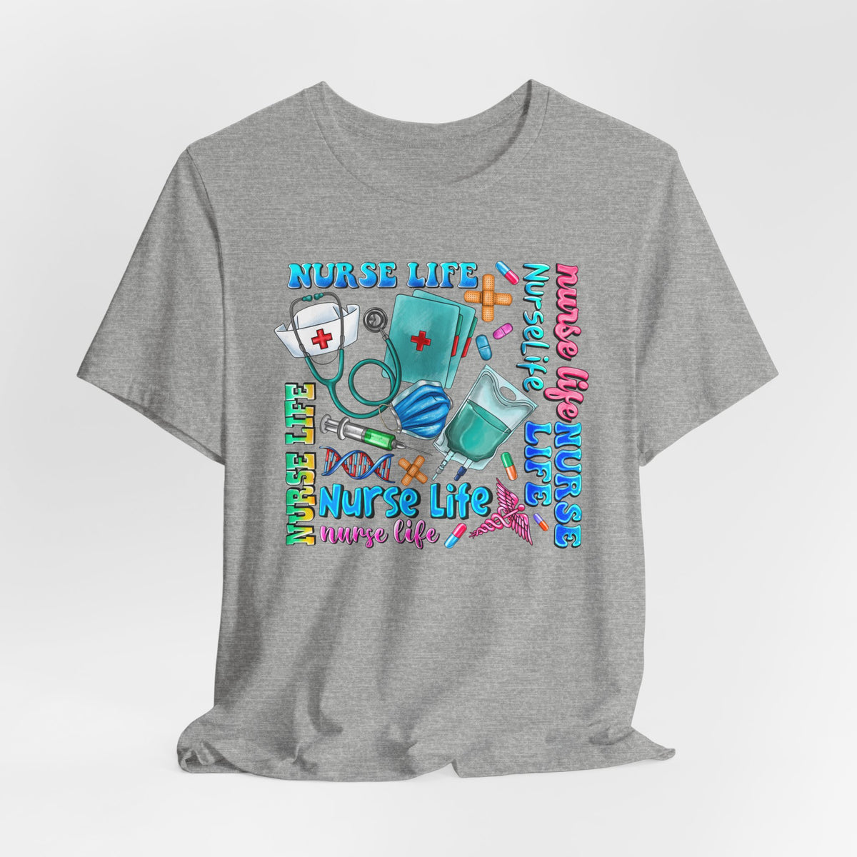 Nurse Life Graphic Tee — Colorful Nursing Icons & 'Nurse Life' Text