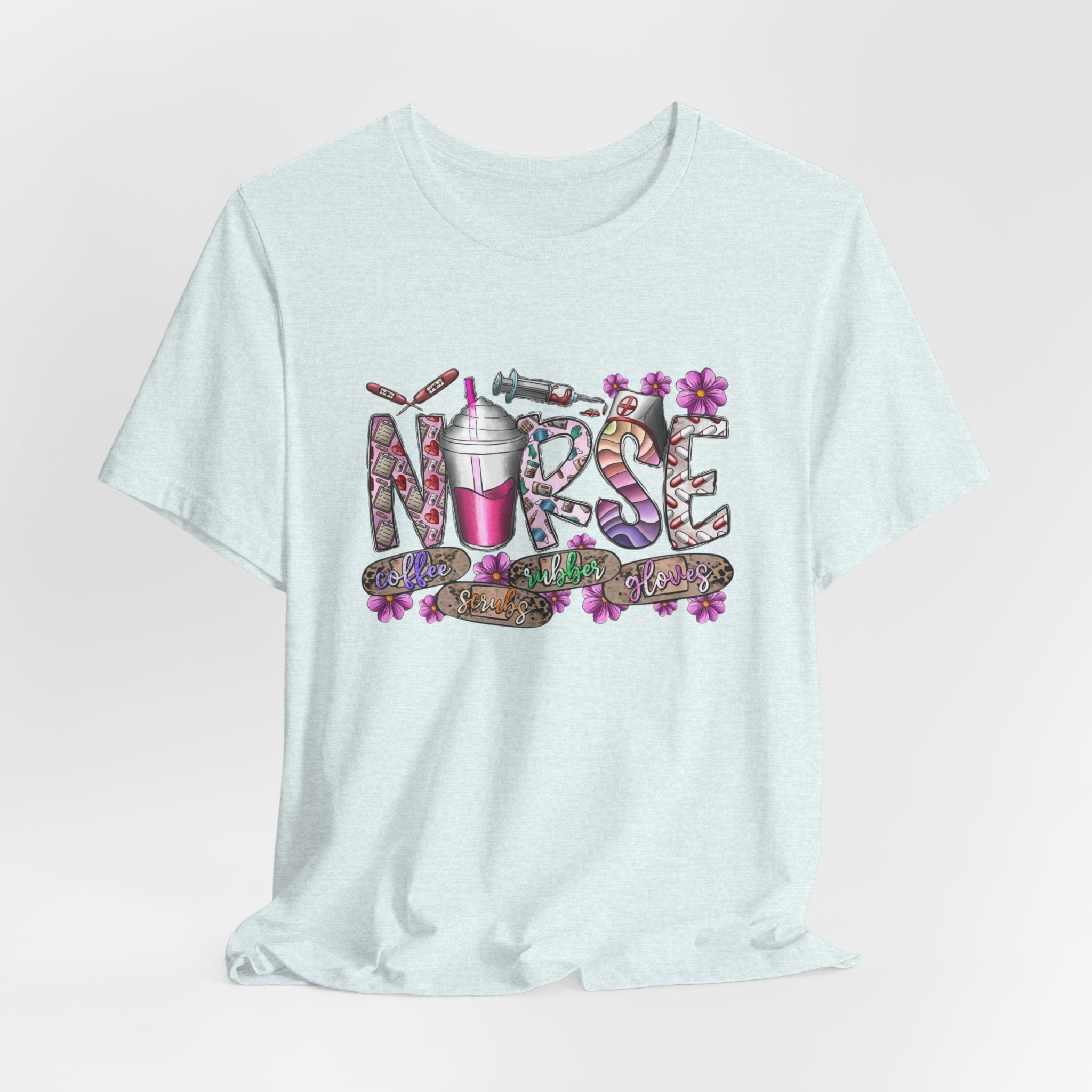 Nurse Floral Stethoscope Tee – Cute Nursing Scrub Shirt with Coffee & Flowers