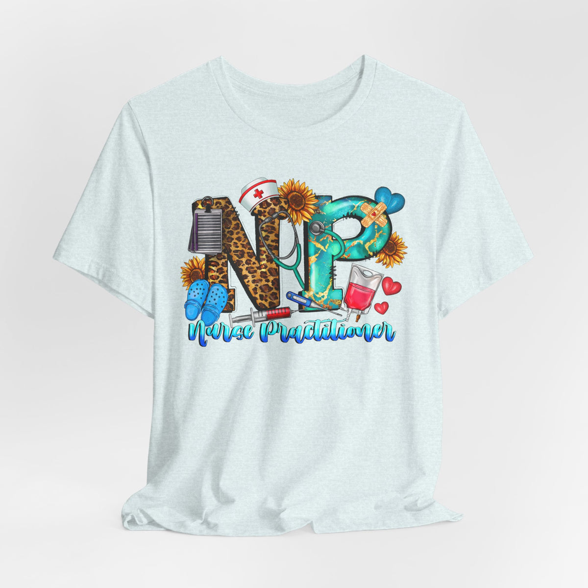 NPR Nurse Practitioner Graphic Tee — Floral, Stethoscope & Leopard Print Design