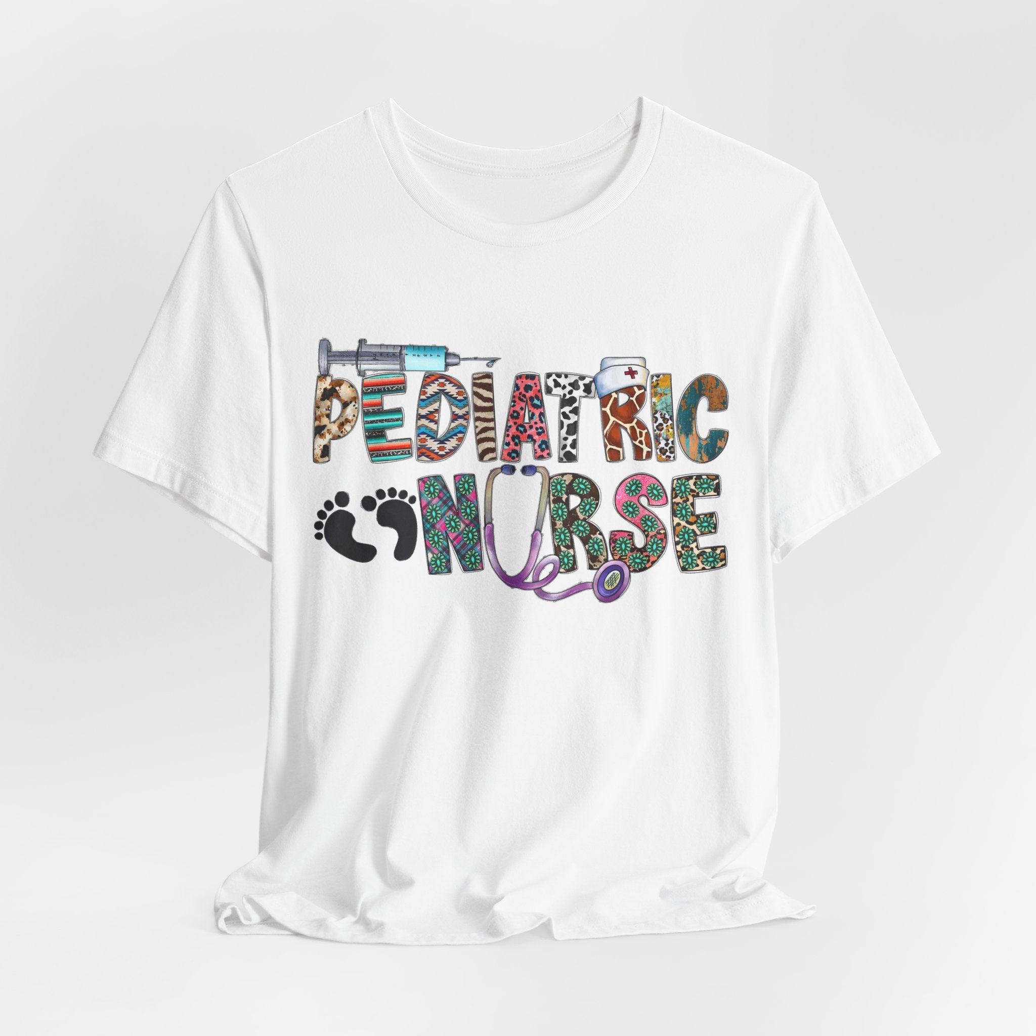 Pediatric Nurse Graphic Tee — Colorful Stethoscope & Baby Prints Design