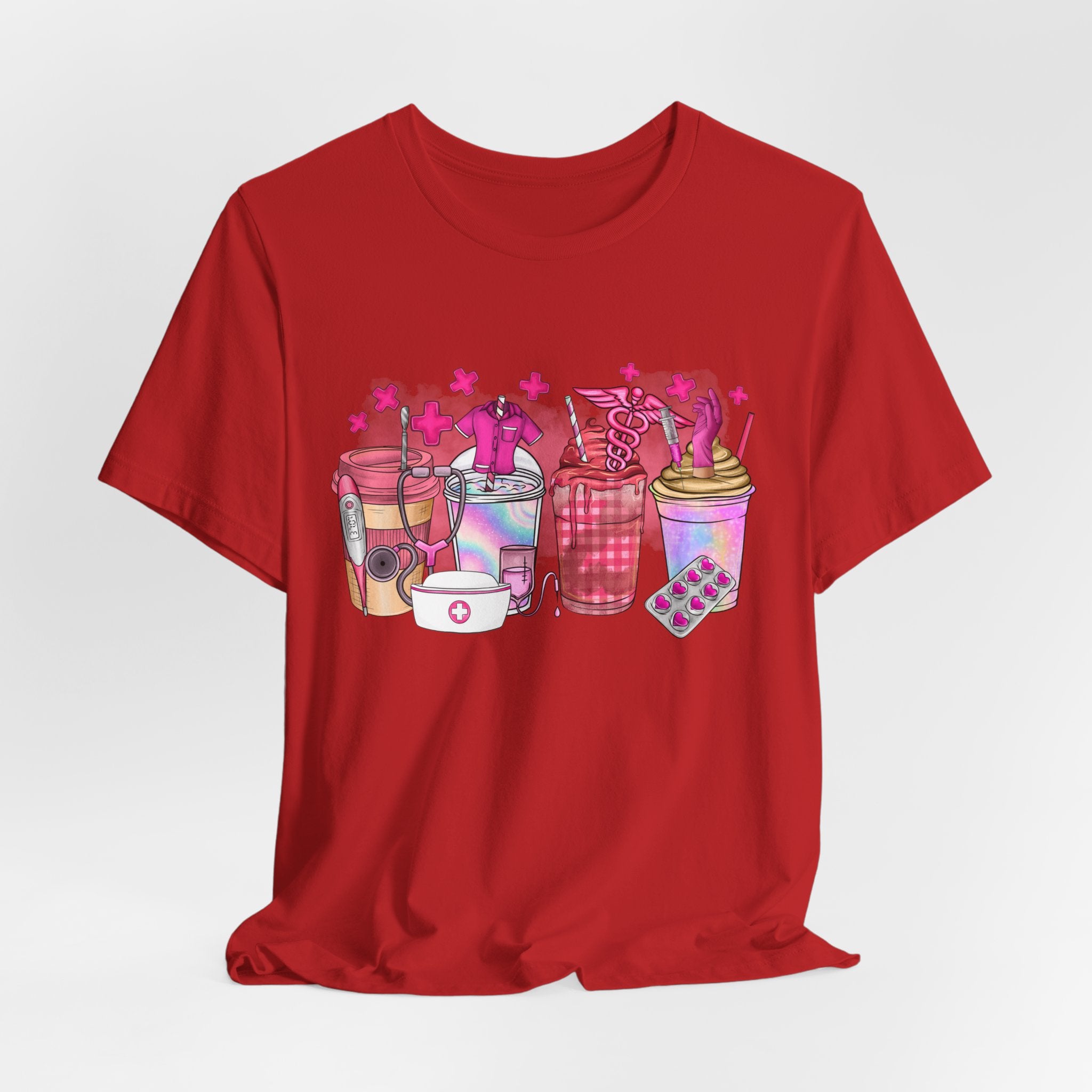 Coffee & Bubble Tea Graphic Tee — Pink Drinks Illustration