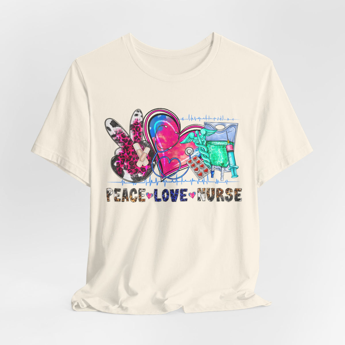 Peace Love Nurse T-Shirt – Colorful Floral Heart & Scrubs Graphic Tee for Nurses