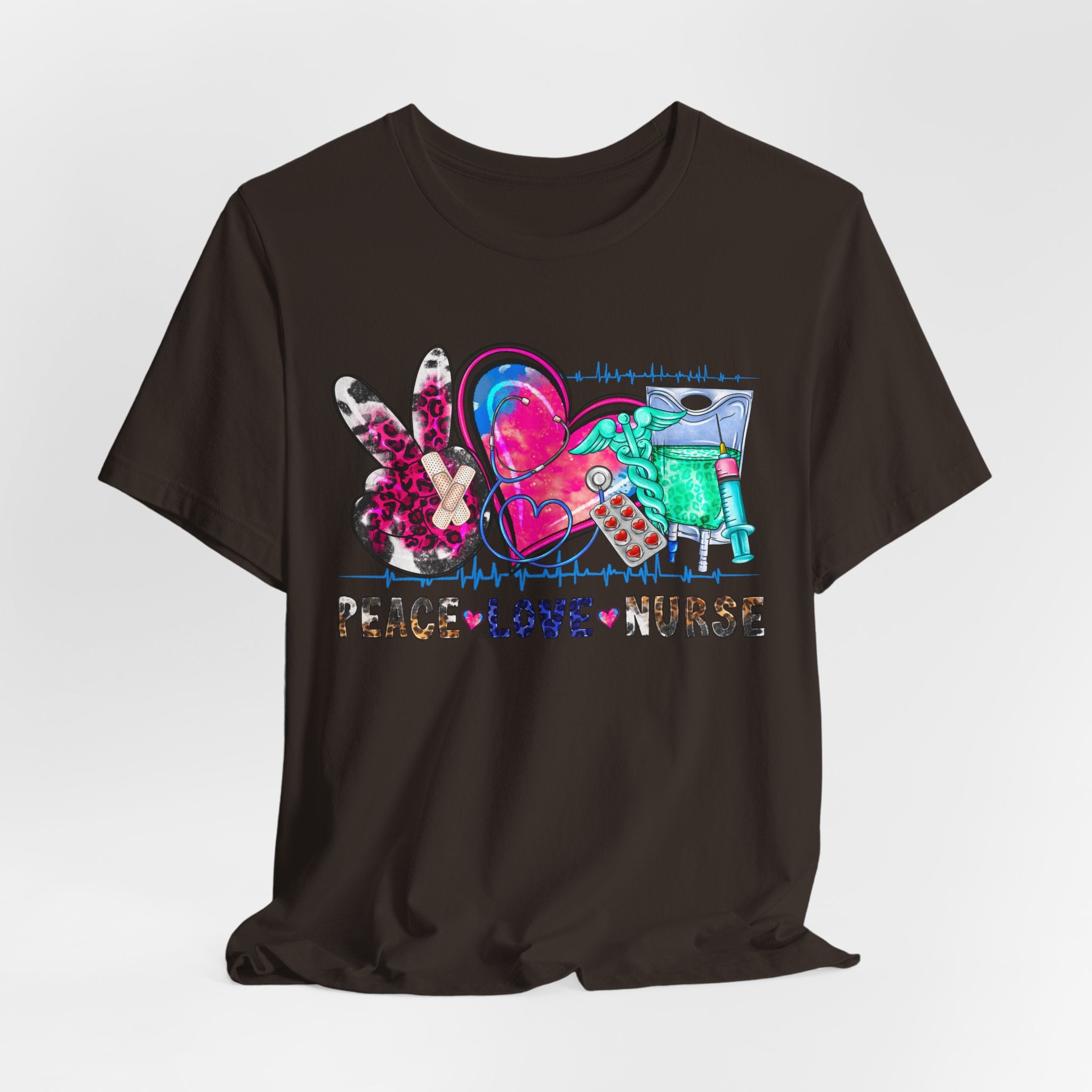 Peace Love Nurse T-Shirt – Colorful Floral Heart & Scrubs Graphic Tee for Nurses