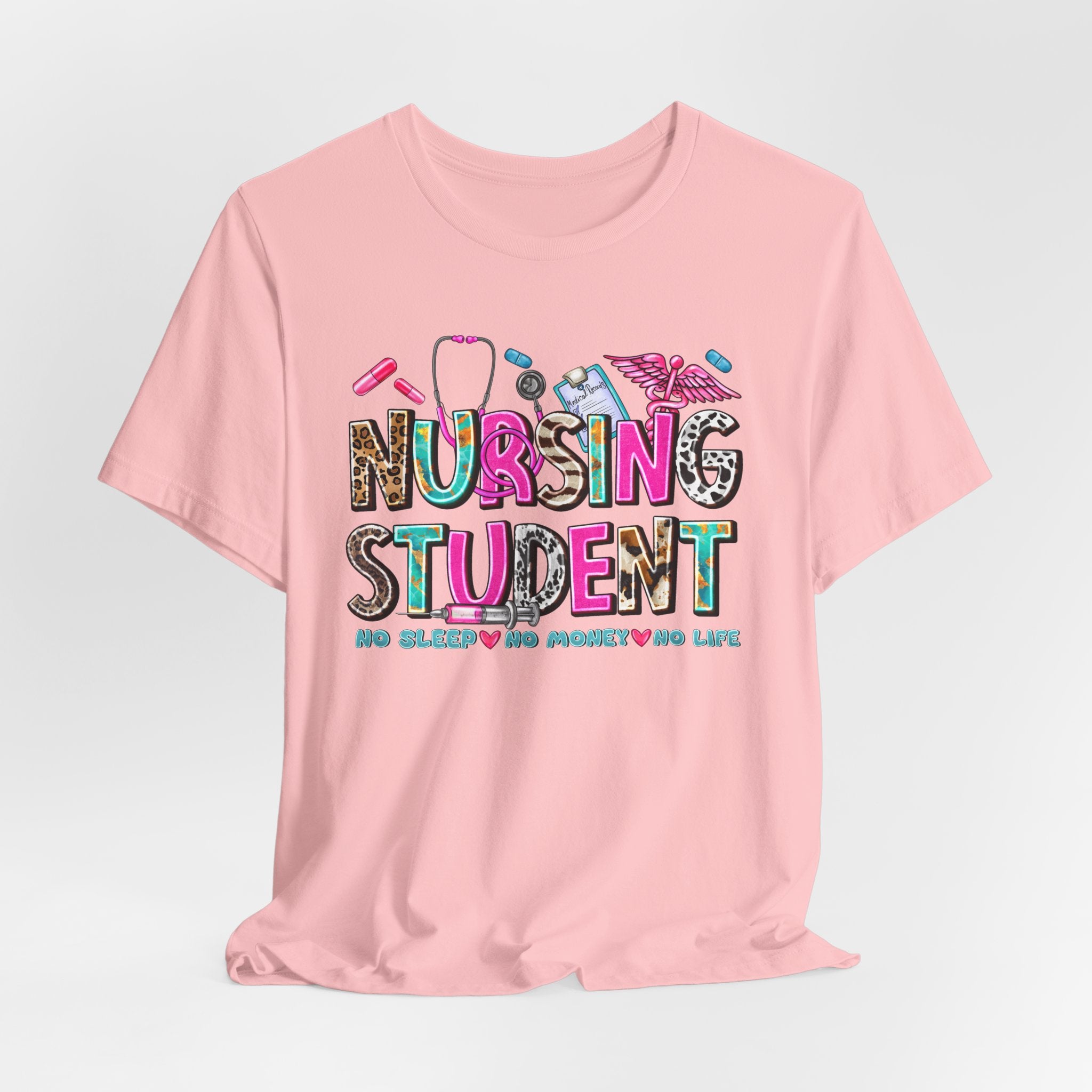 Nursing Student Graphic Tee – Colorful Stethoscope & Scrub Icons
