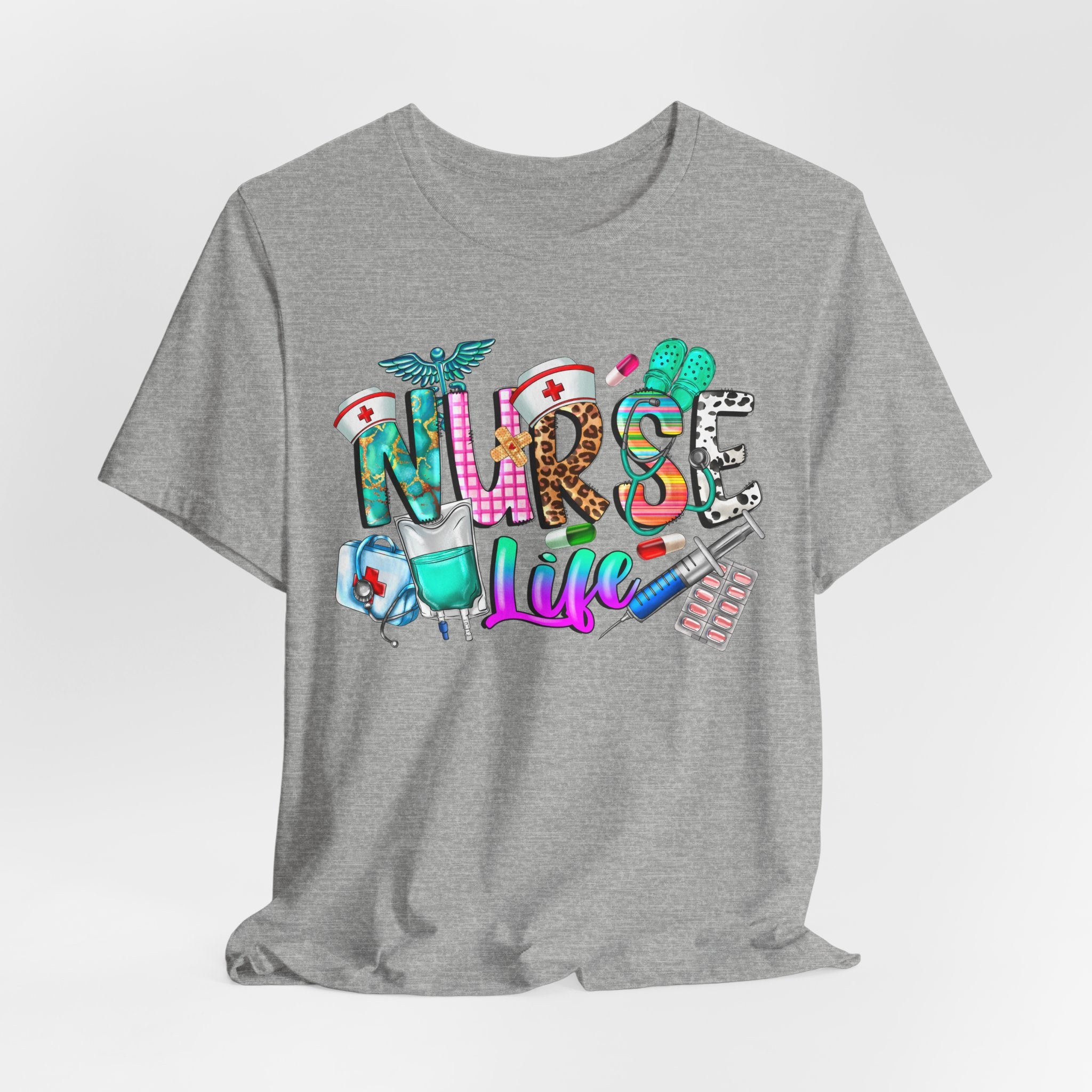 Nurse Life Graphic Tee — Colorful Medical Icons T-Shirt for Nurses