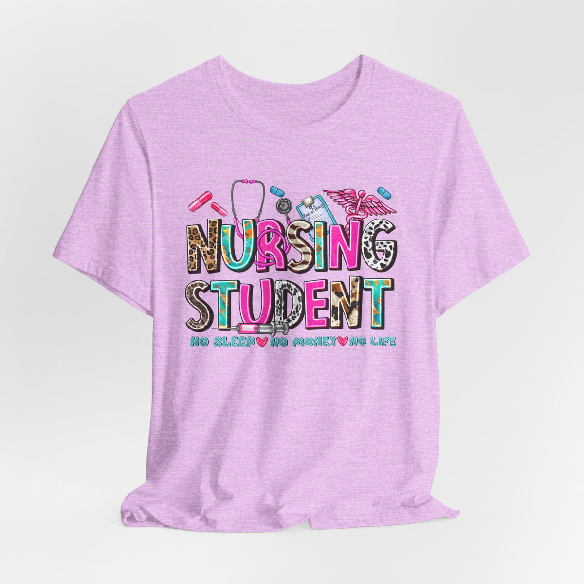 Nursing Student Graphic Tee – Colorful Stethoscope & Scrub Icons