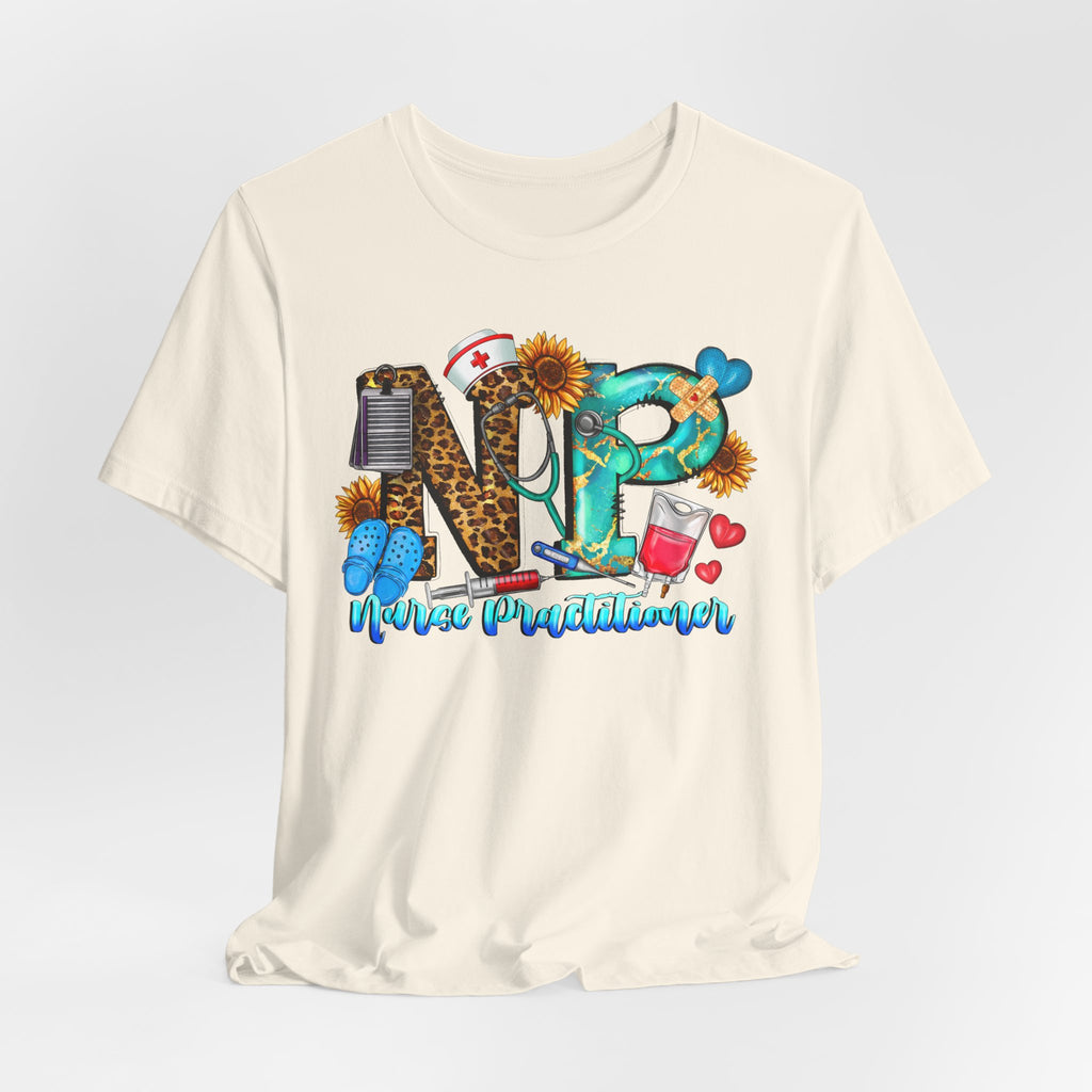 NPR Nurse Practitioner Graphic Tee — Floral, Stethoscope & Leopard Print Design