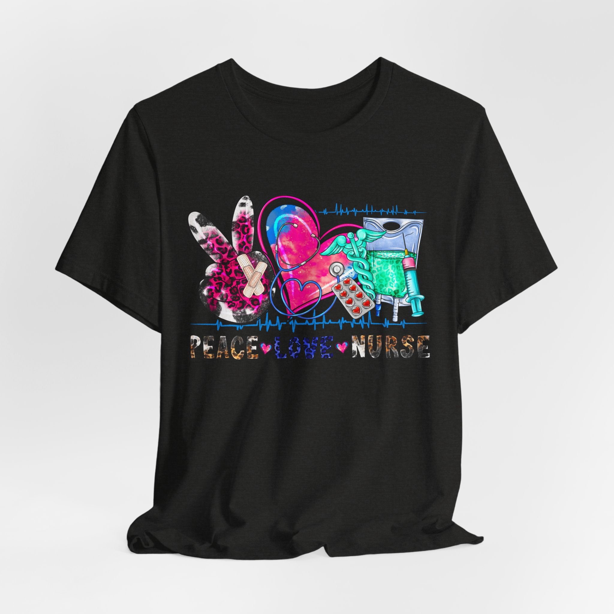 Peace Love Nurse T-Shirt – Colorful Floral Heart & Scrubs Graphic Tee for Nurses