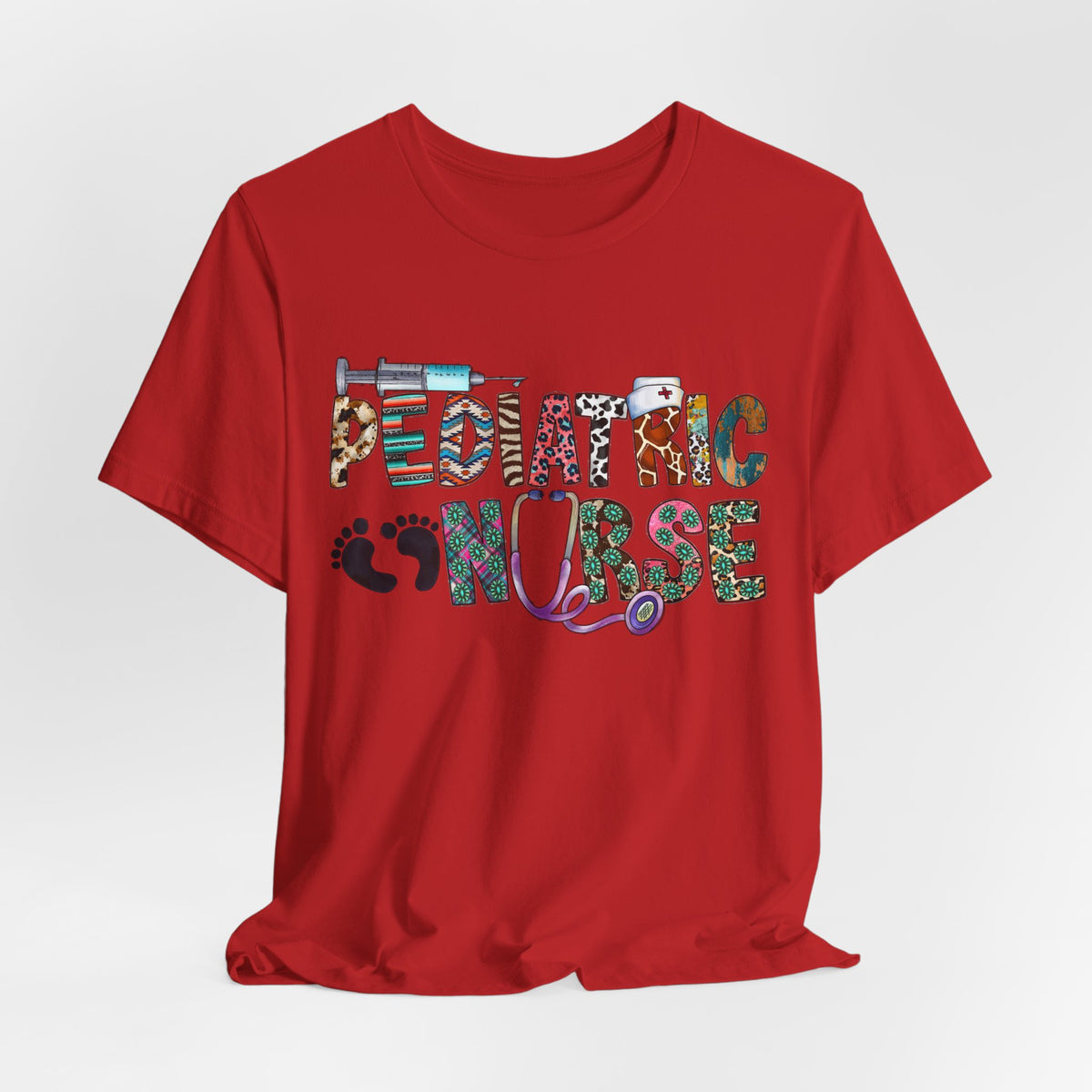 Pediatric Nurse Graphic Tee — Colorful Stethoscope & Baby Prints Design