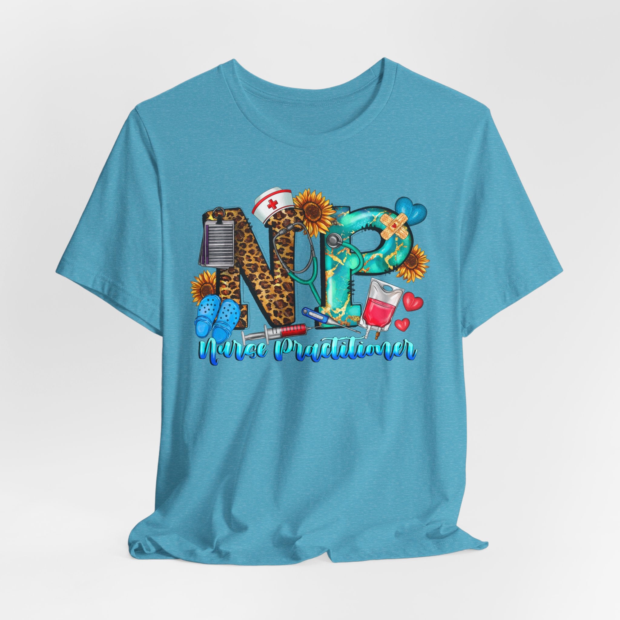 NPR Nurse Practitioner Graphic Tee — Floral, Stethoscope & Leopard Print Design