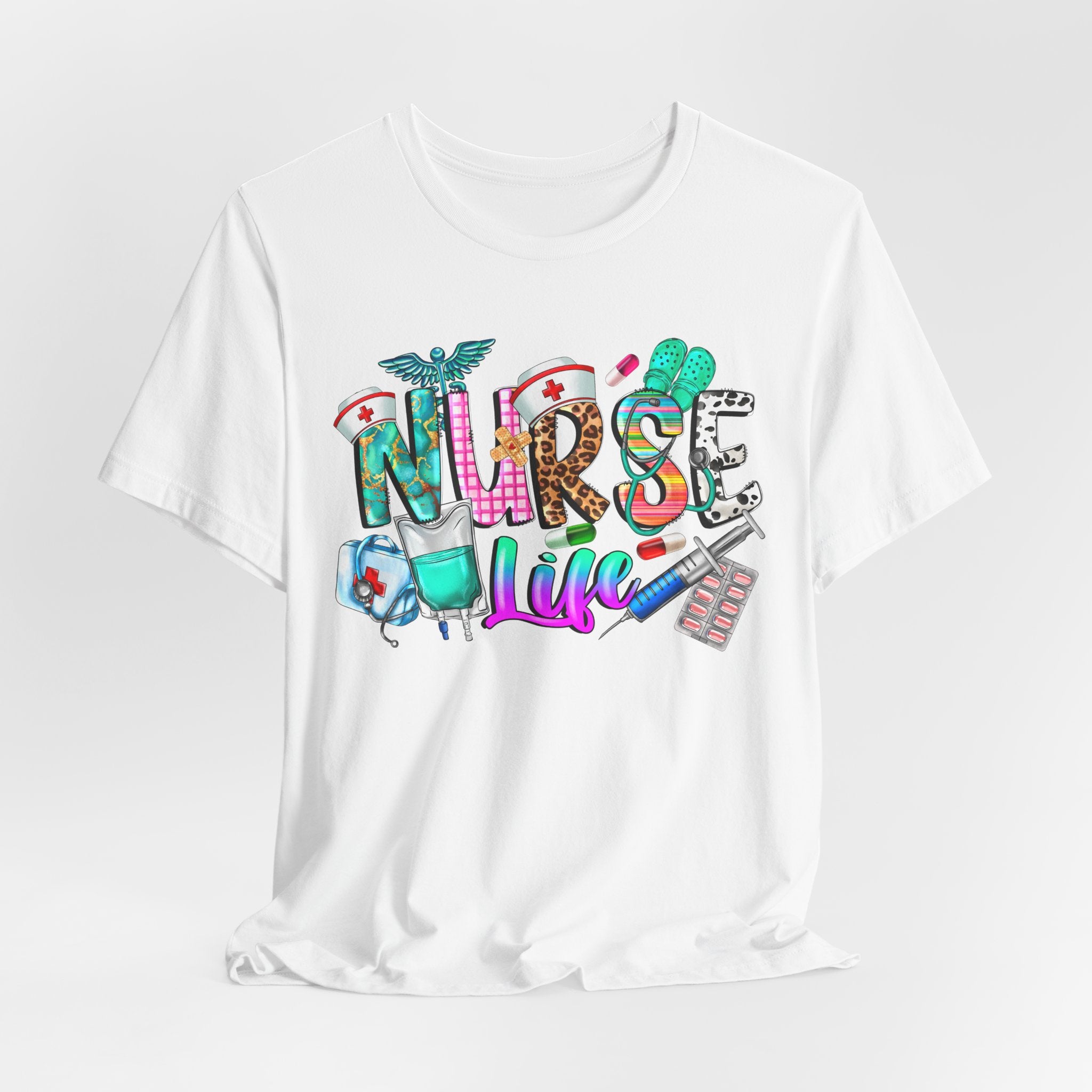 Nurse Life Graphic Tee — Colorful Medical Icons T-Shirt for Nurses