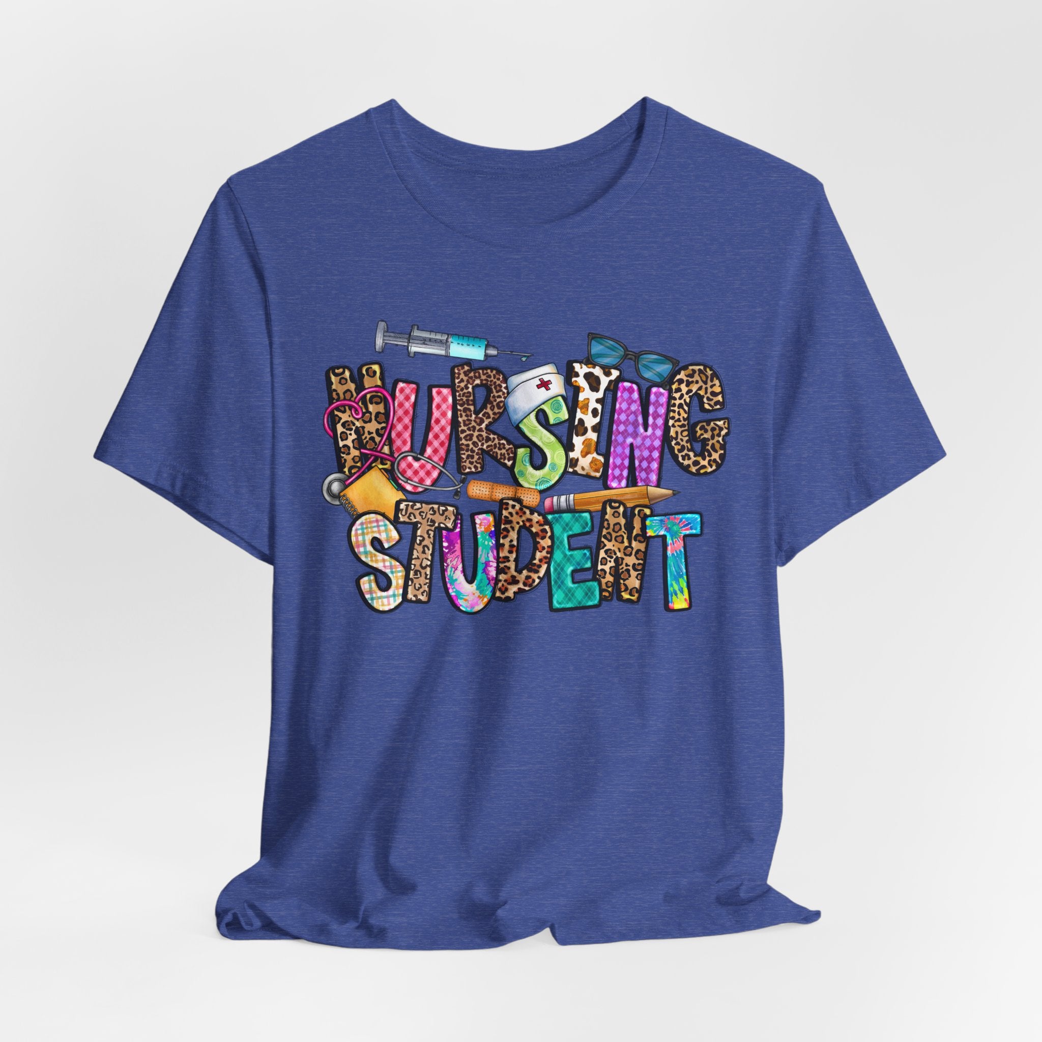 Nursing Student Graphic Tee — Colorful Medical Badge & Syringe Design